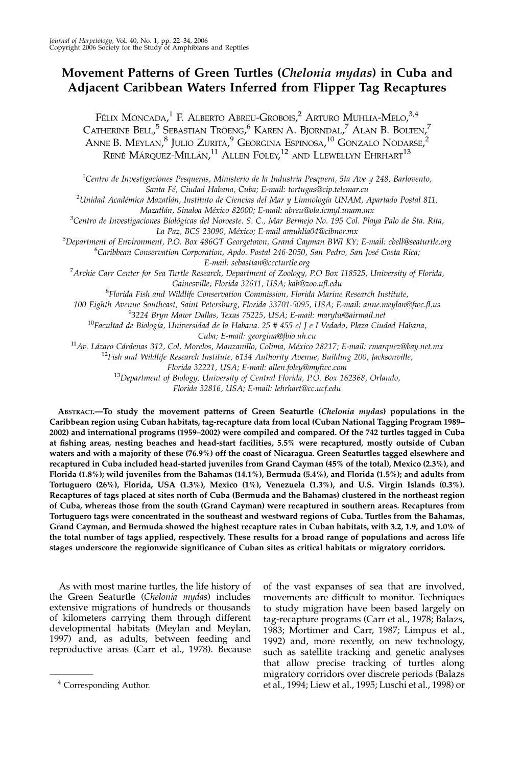 Movement Patterns of Green Turtles (Chelonia Mydas) in Cuba and Adjacent Caribbean Waters Inferred from Flipper Tag Recaptures