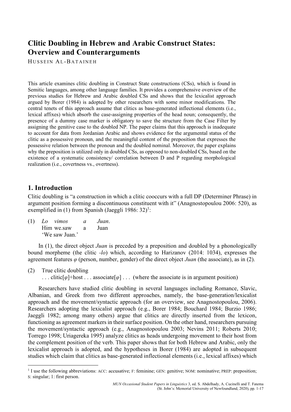 Clitic Doubling in Hebrew and Arabic Construct States: Overview and Counterarguments H U S S E I N a L -B ATAINEH