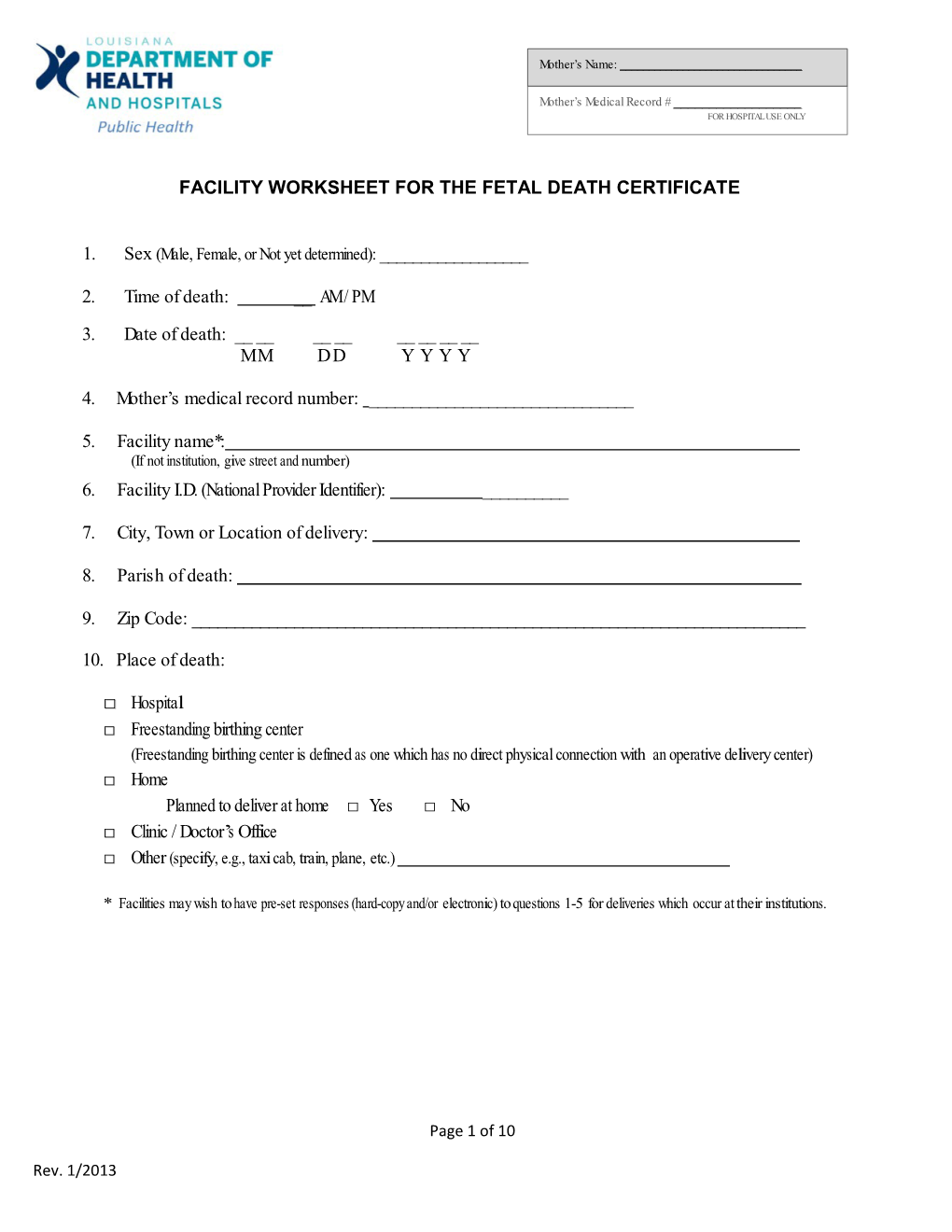 Fetal Death Facility Worksheet