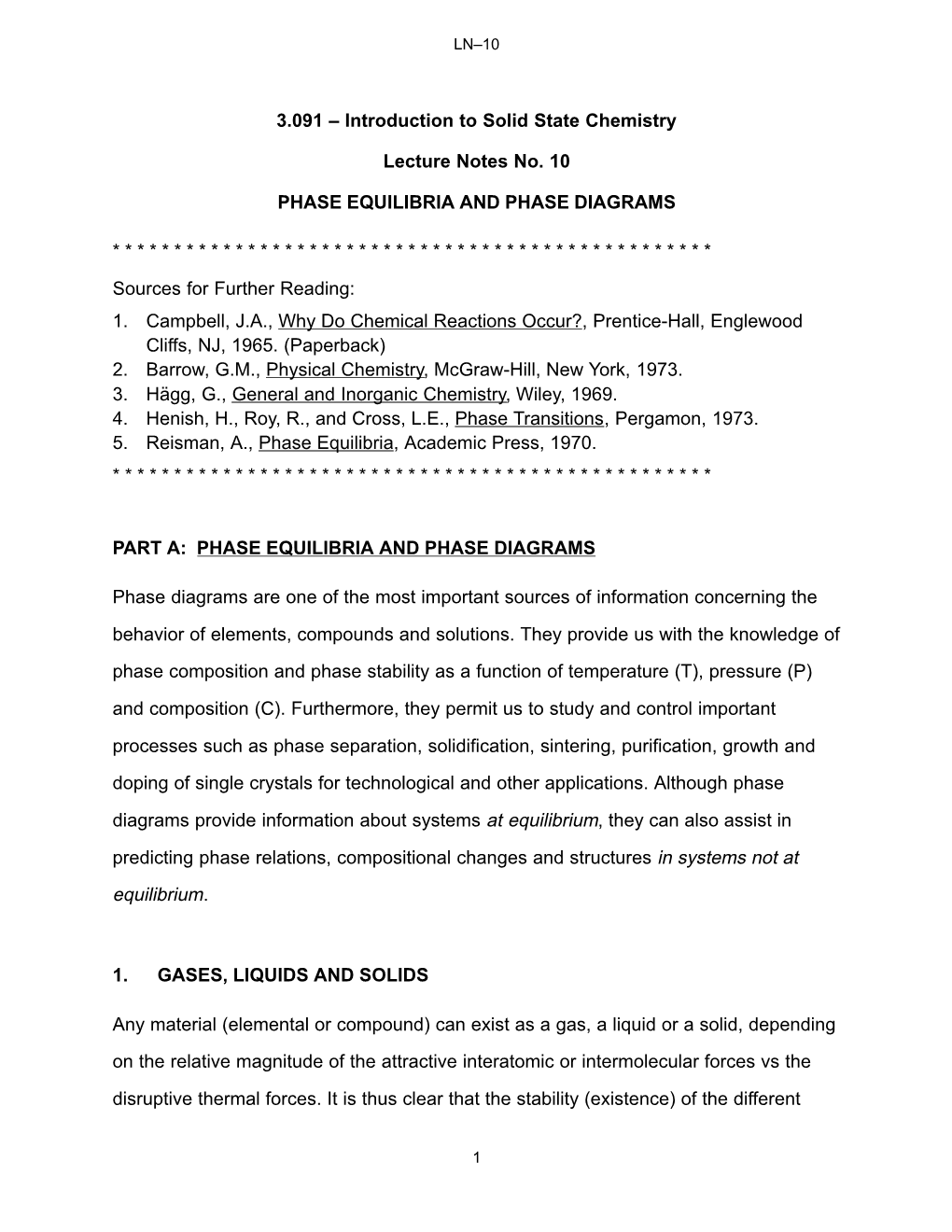 Introduction to Solid State Chemistry Lecture Notes No. 10 PHASE