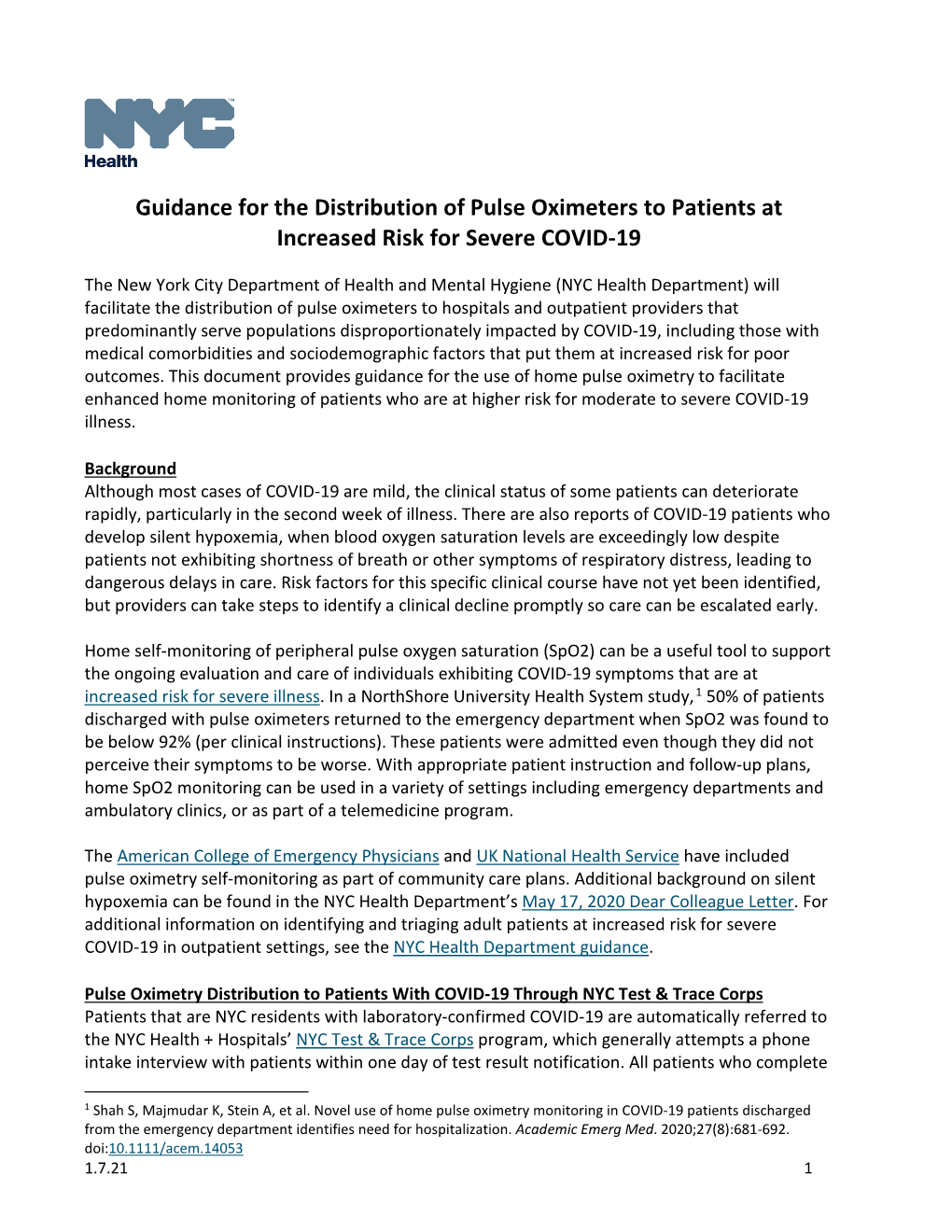 Guidance for the Distribution of Pulse Oximeters to Patients at Increased Risk for Severe COVID-19