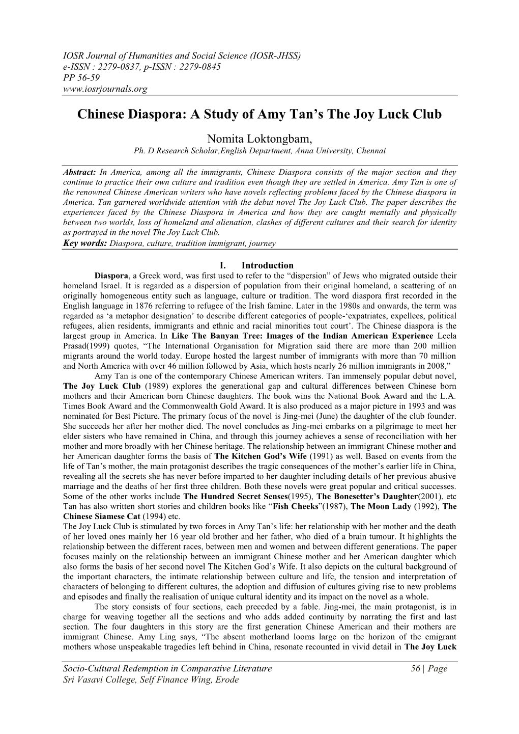 Chinese Diaspora: a Study of Amy Tan's the Joy Luck Club