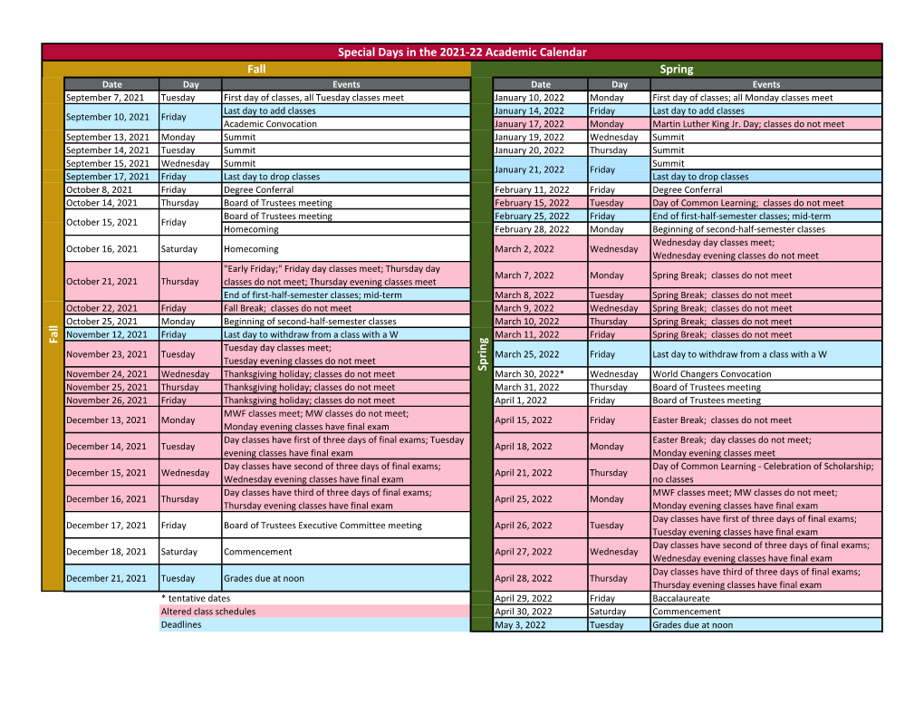 Special Days in the 2021-22 Academic Calendar Spring