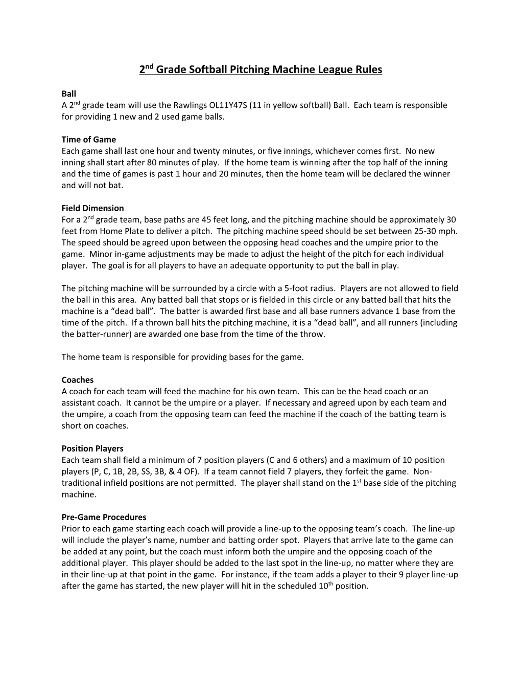 2Nd Grade Softball Pitching Machine League Rules