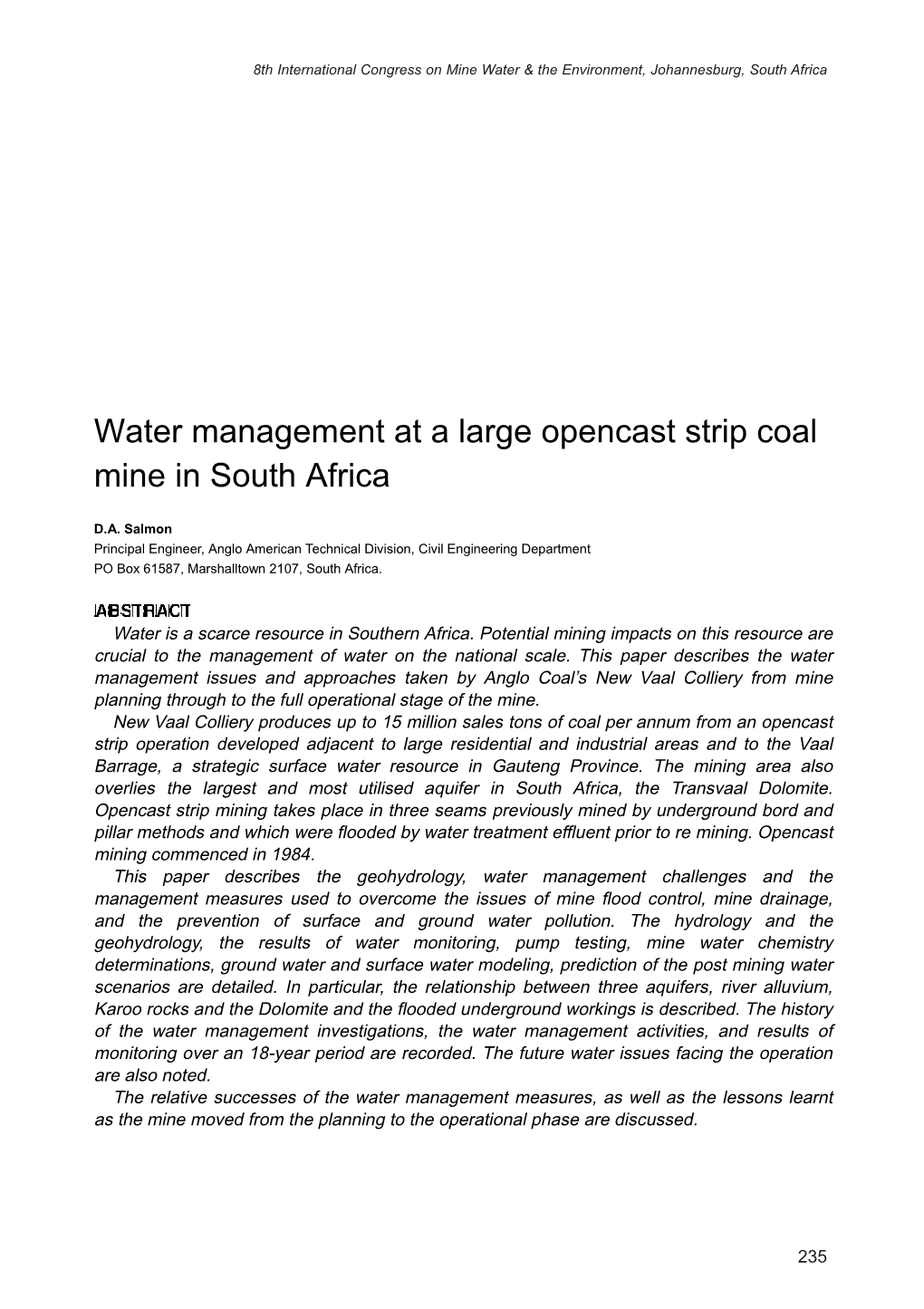 Water Management at a Large Opencast Strip Coal Mine in South Africa