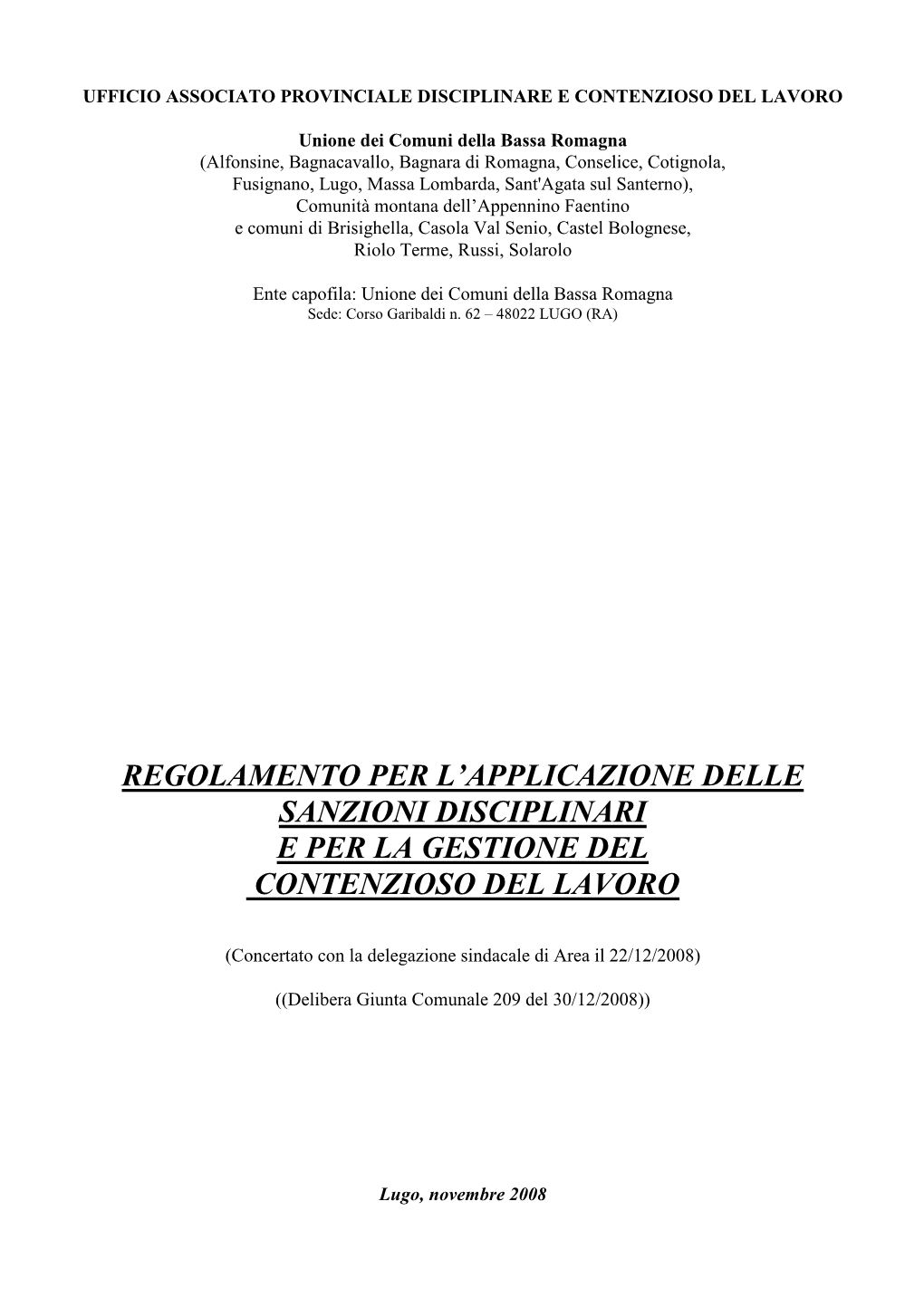 Regolamento Per L'applicazione Delle Sanzioni Disciplinari E Per La Gestione Del Contenzioso Sul Lavoro