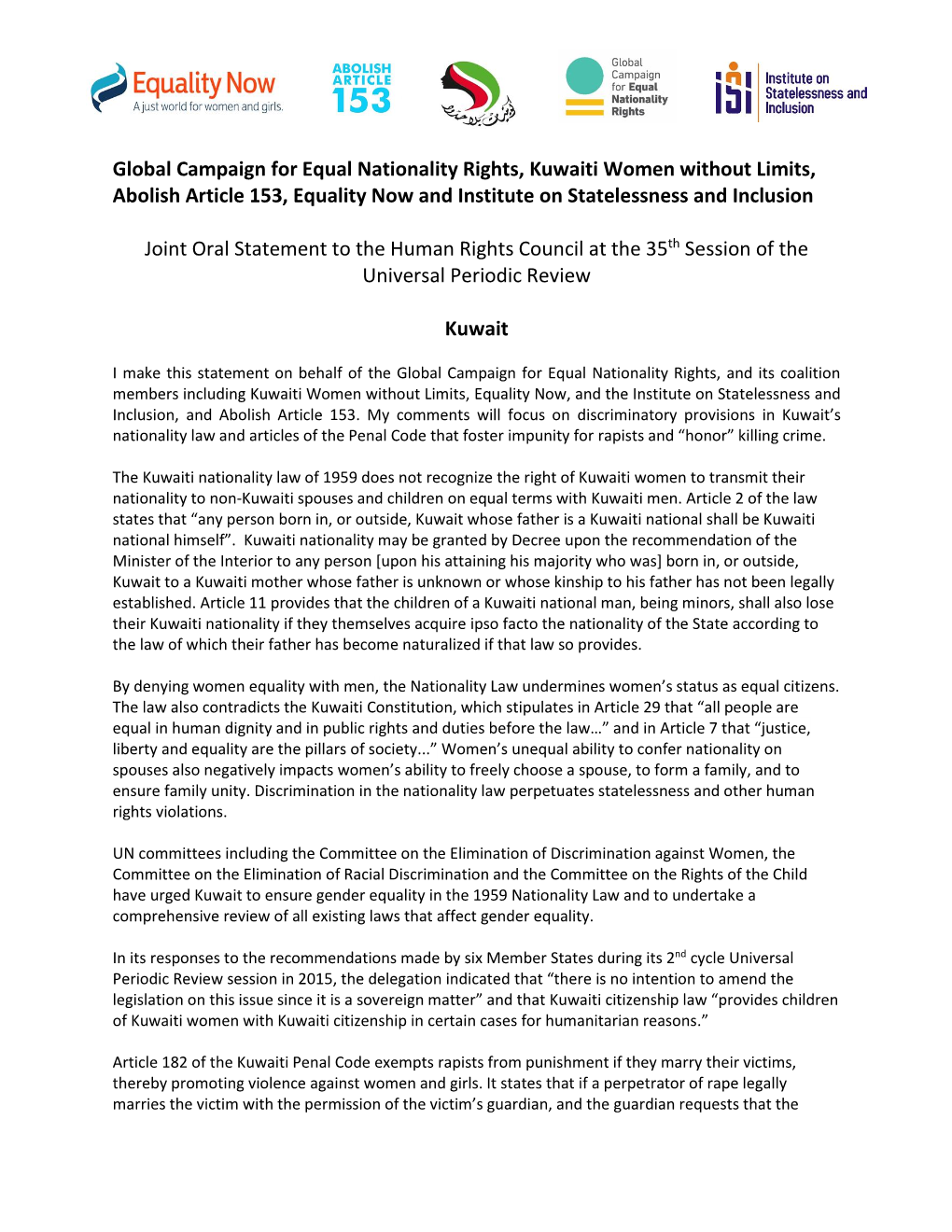 Global Campaign for Equal Nationality Rights, Kuwaiti Women Without Limits, Abolish Article 153, Equality Now and Institute on Statelessness and Inclusion