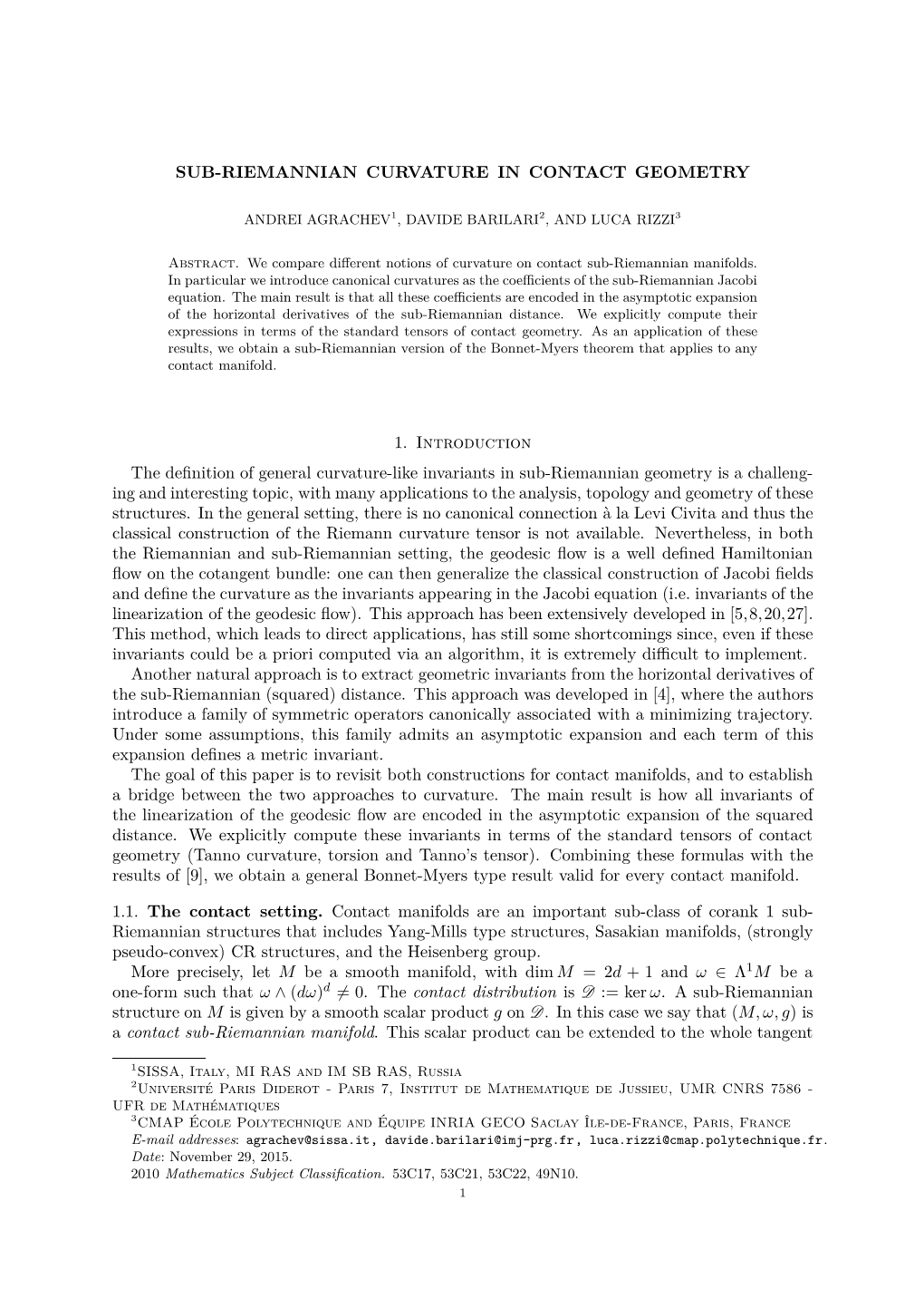 91. Sub-Riemannian Curvature in Contact Geometry. J. Geom. Anal