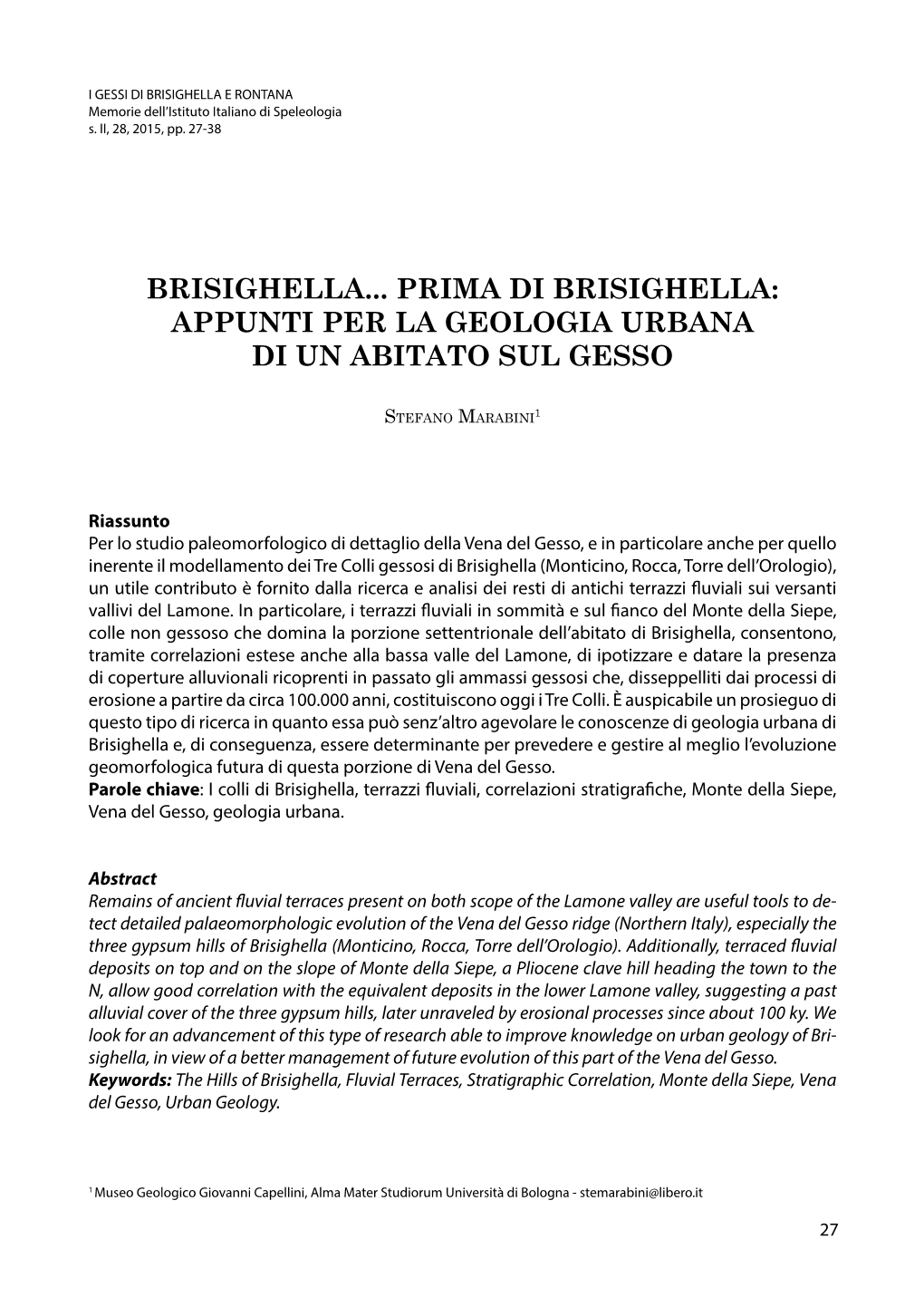 Appunti Per La Geologia Urbana Di Un Abitato Sul Gesso