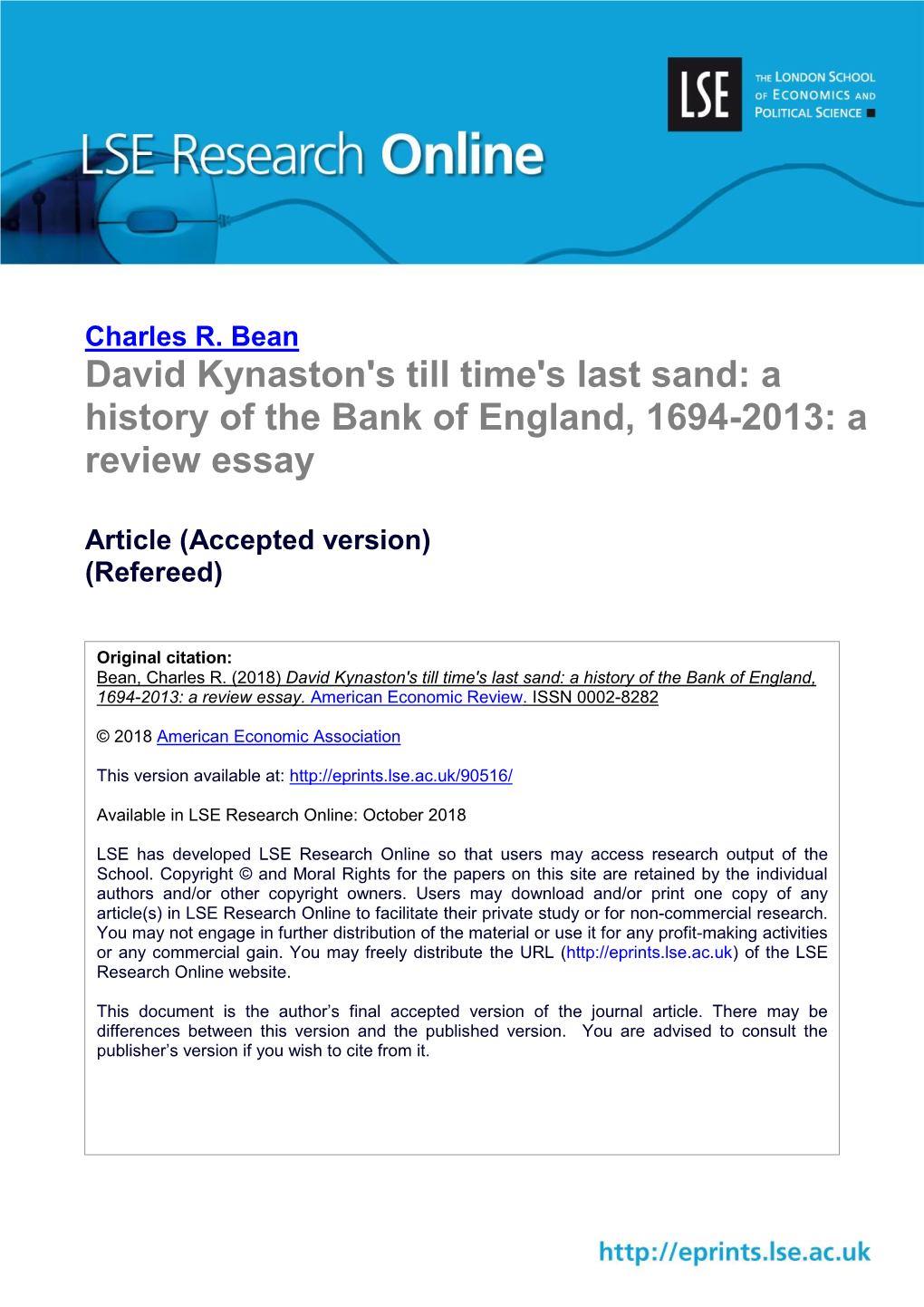 David Kynaston's Till Time's Last Sand: a History of the Bank of England, 1694-2013: a Review Essay