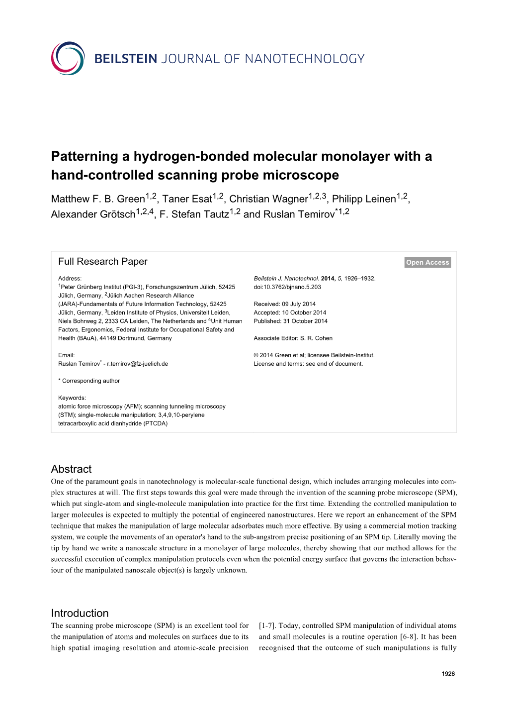 Patterning a Hydrogen-Bonded Molecular Monolayer with a Hand-Controlled Scanning Probe Microscope