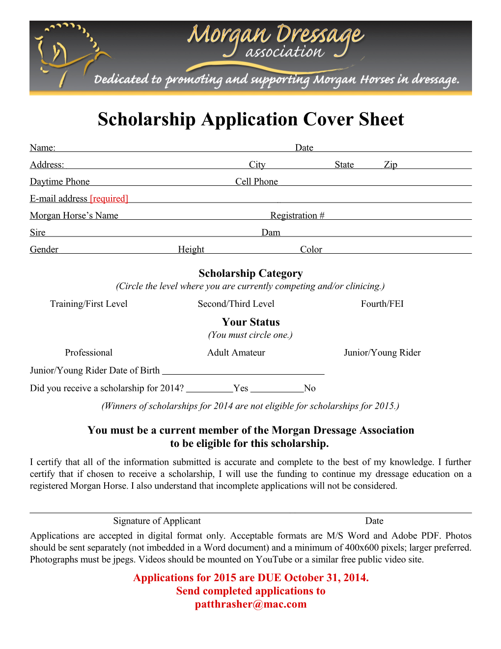 Scholarship Application Cover Sheet