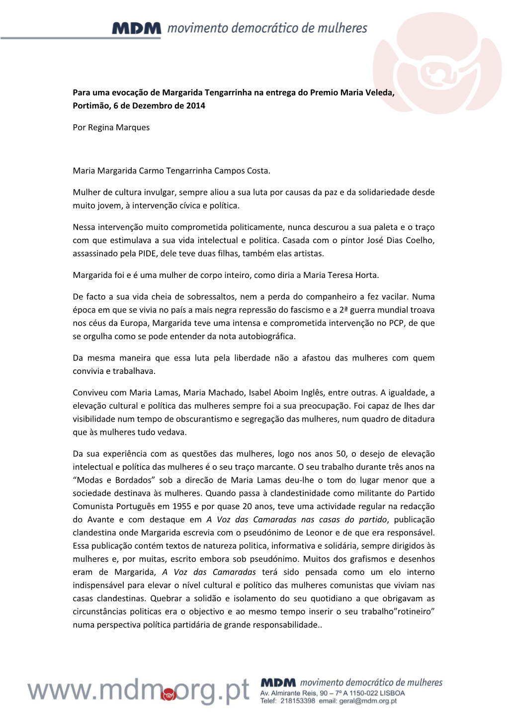 Para Uma Evocação De Margarida Tengarrinha Na Entrega Do Premio Maria Veleda, Portimão, 6 De Dezembro De 2014 Por Regina Marq