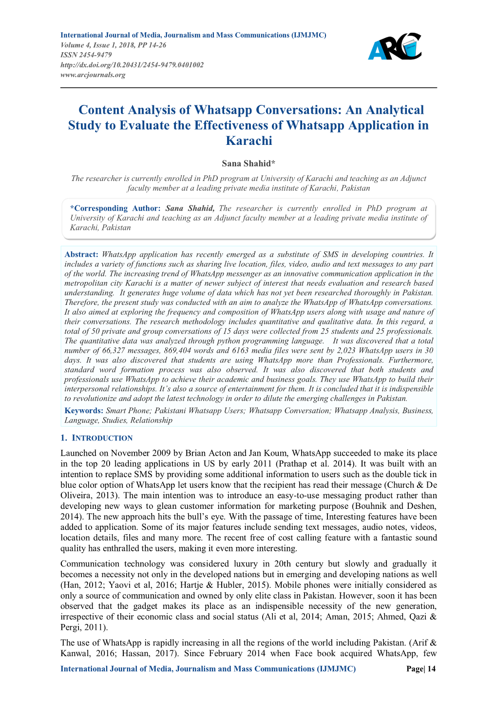 Content Analysis of Whatsapp Conversations: an Analytical Study to Evaluate the Effectiveness of Whatsapp Application in Karachi