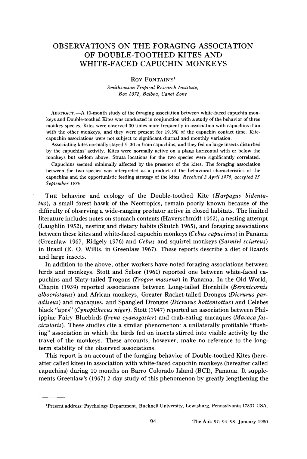 Observations on the Foraging Association of Double-Toothed Kites and White-Faced Capuchin Monkeys