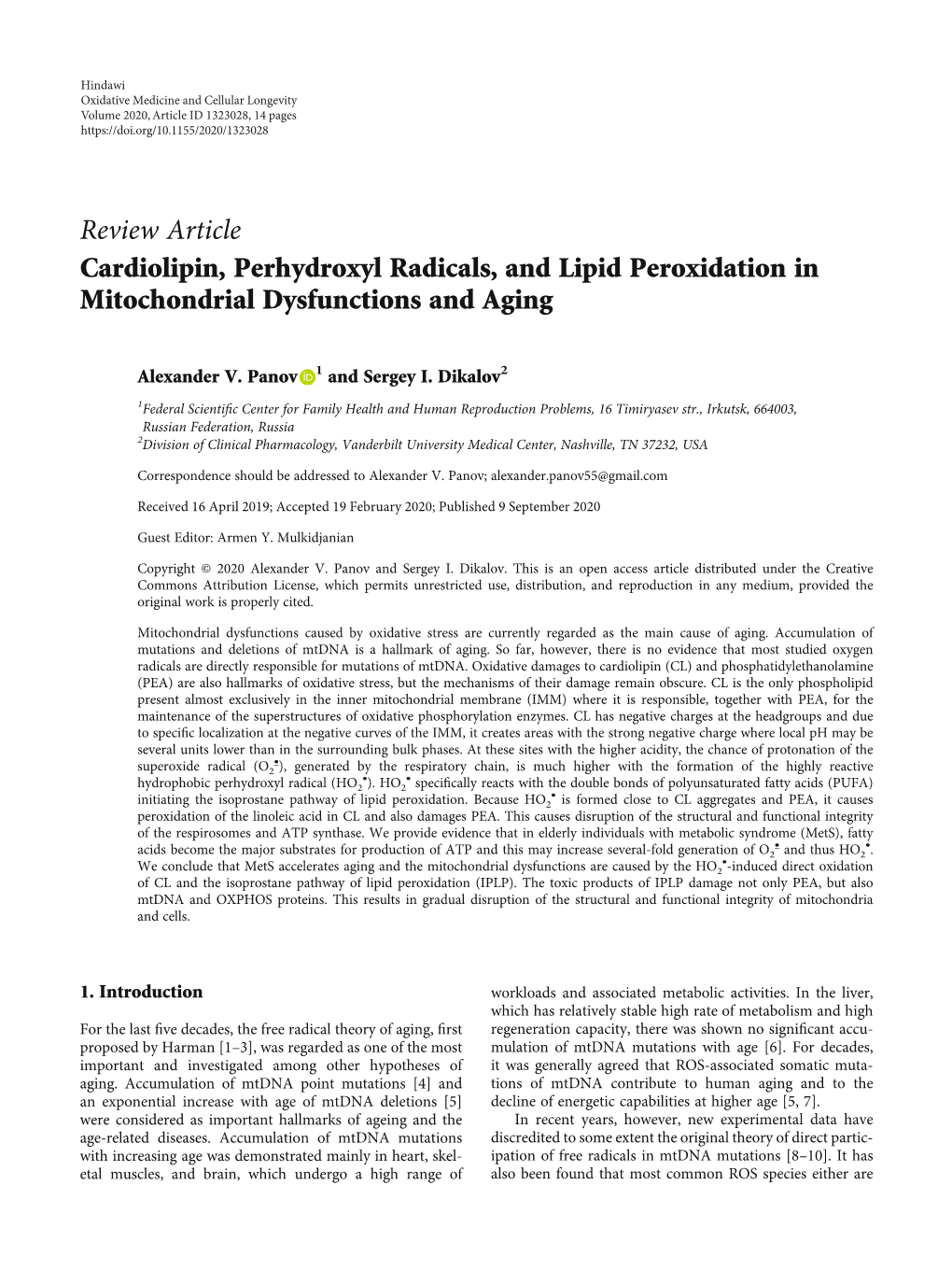 Review Article Cardiolipin, Perhydroxyl Radicals, and Lipid Peroxidation in Mitochondrial Dysfunctions and Aging