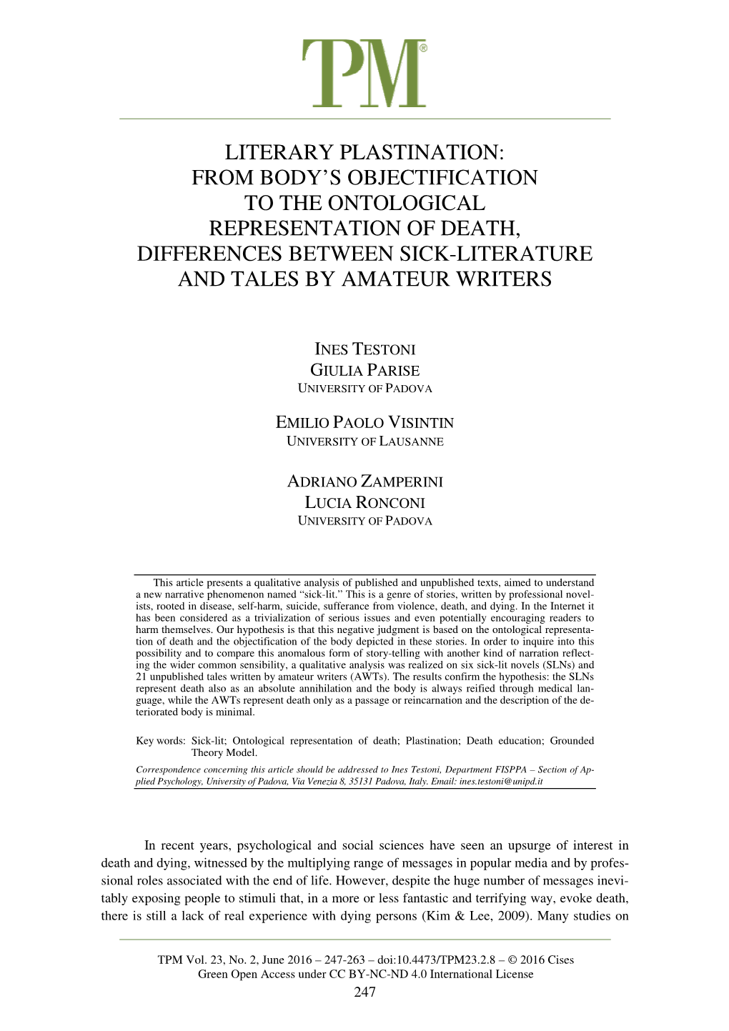 Literary Plastination: from Body’S Objectification to the Ontological Representation of Death, Differences Between Sick-Literature and Tales by Amateur Writers