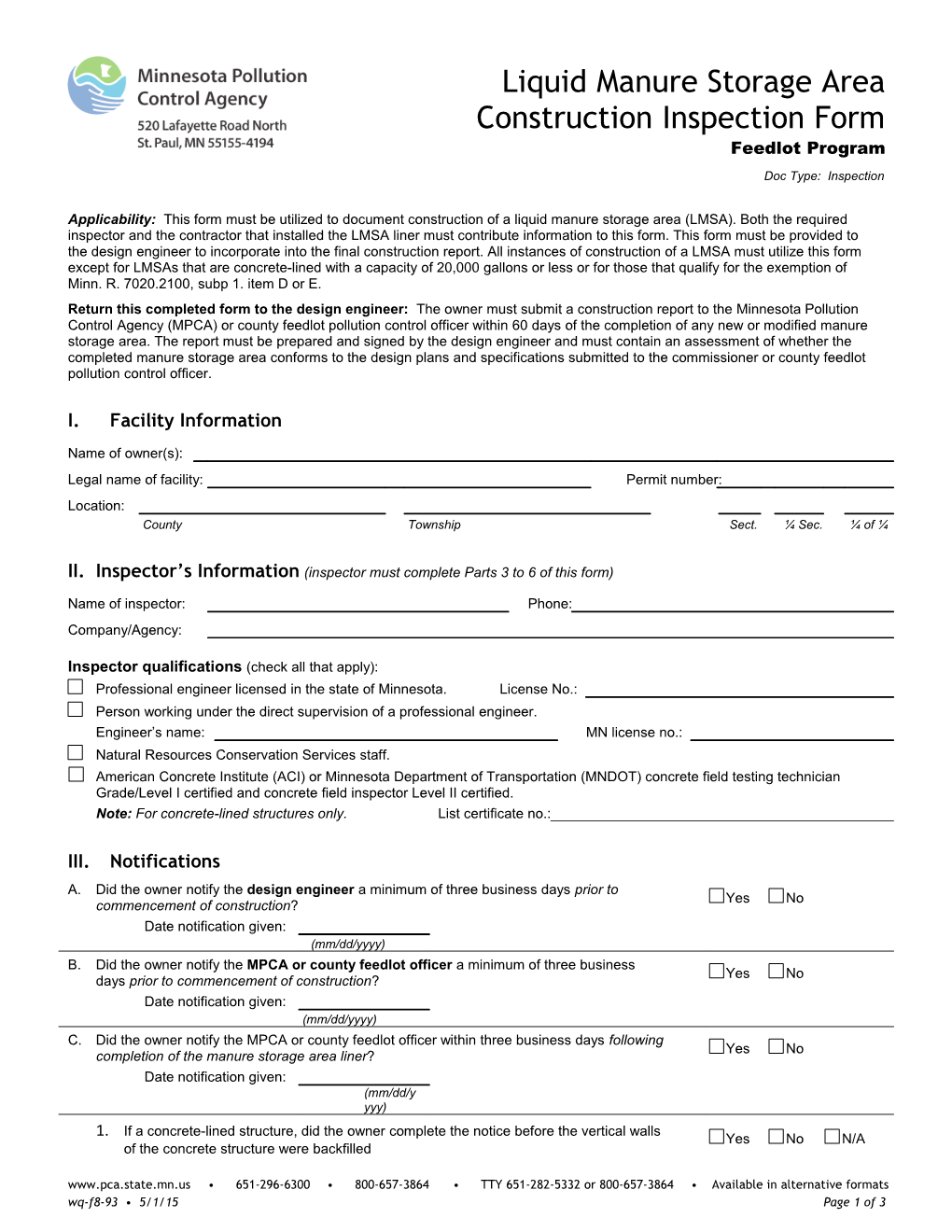 Liquid Manure Storage Area Construction Inspection Form