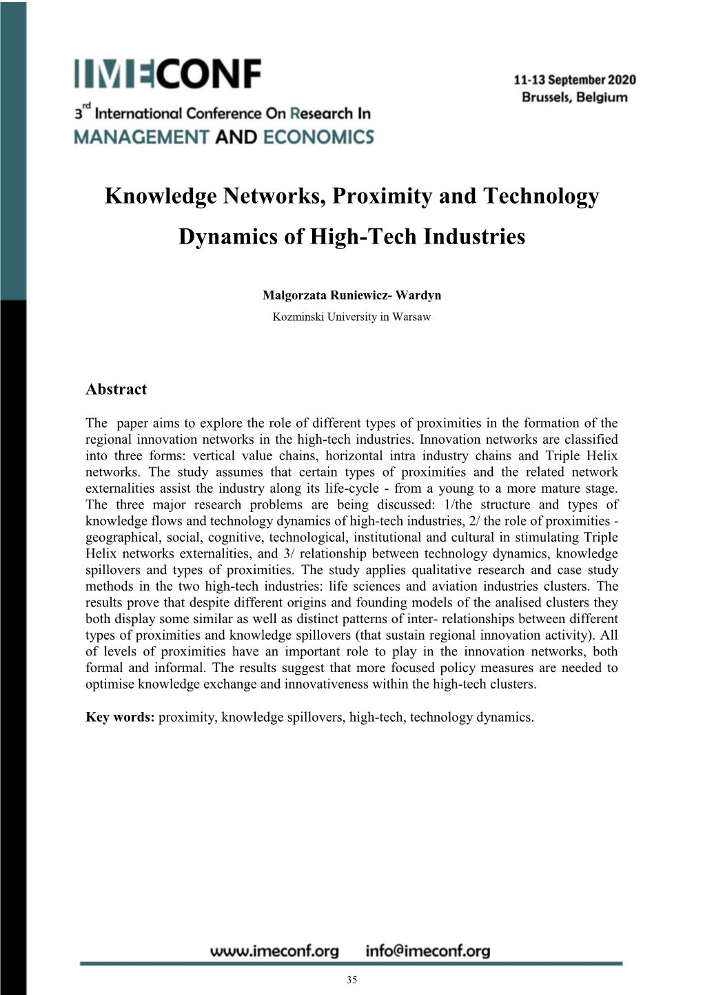 Knowledge Networks, Proximity and Technology Dynamics of High-Tech Industries