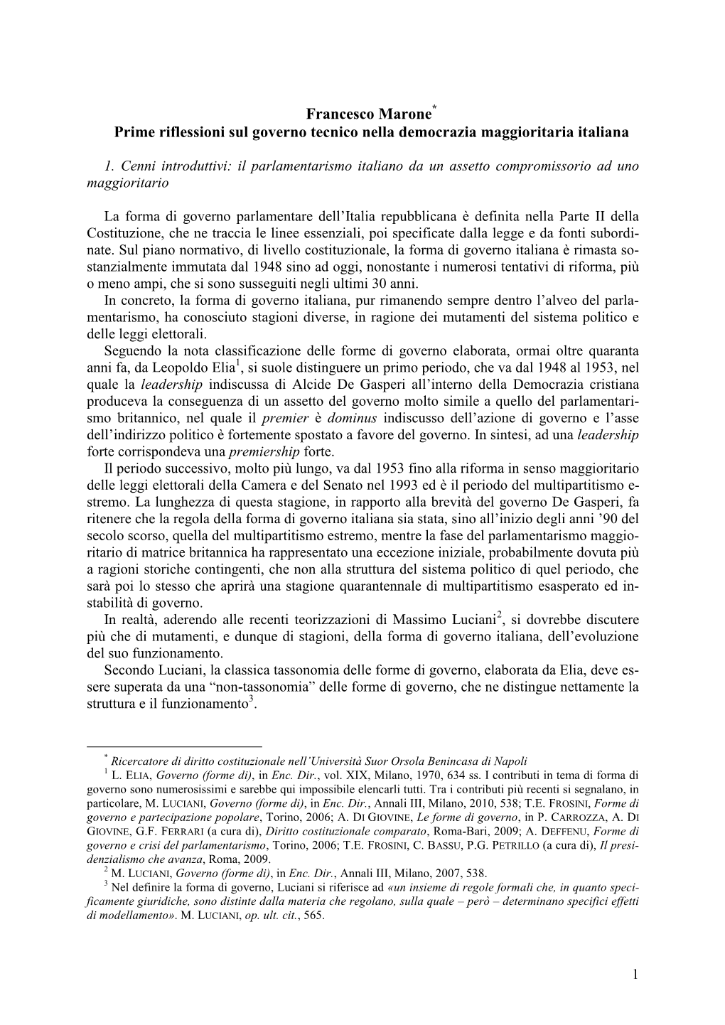 Francesco Marone Prime Riflessioni Sul Governo Tecnico Nella