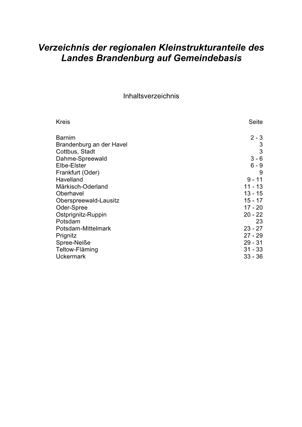 Verzeichnis Der Regionalen Kleinstrukturanteile Des Landes Brandenburg Auf Gemeindebasis