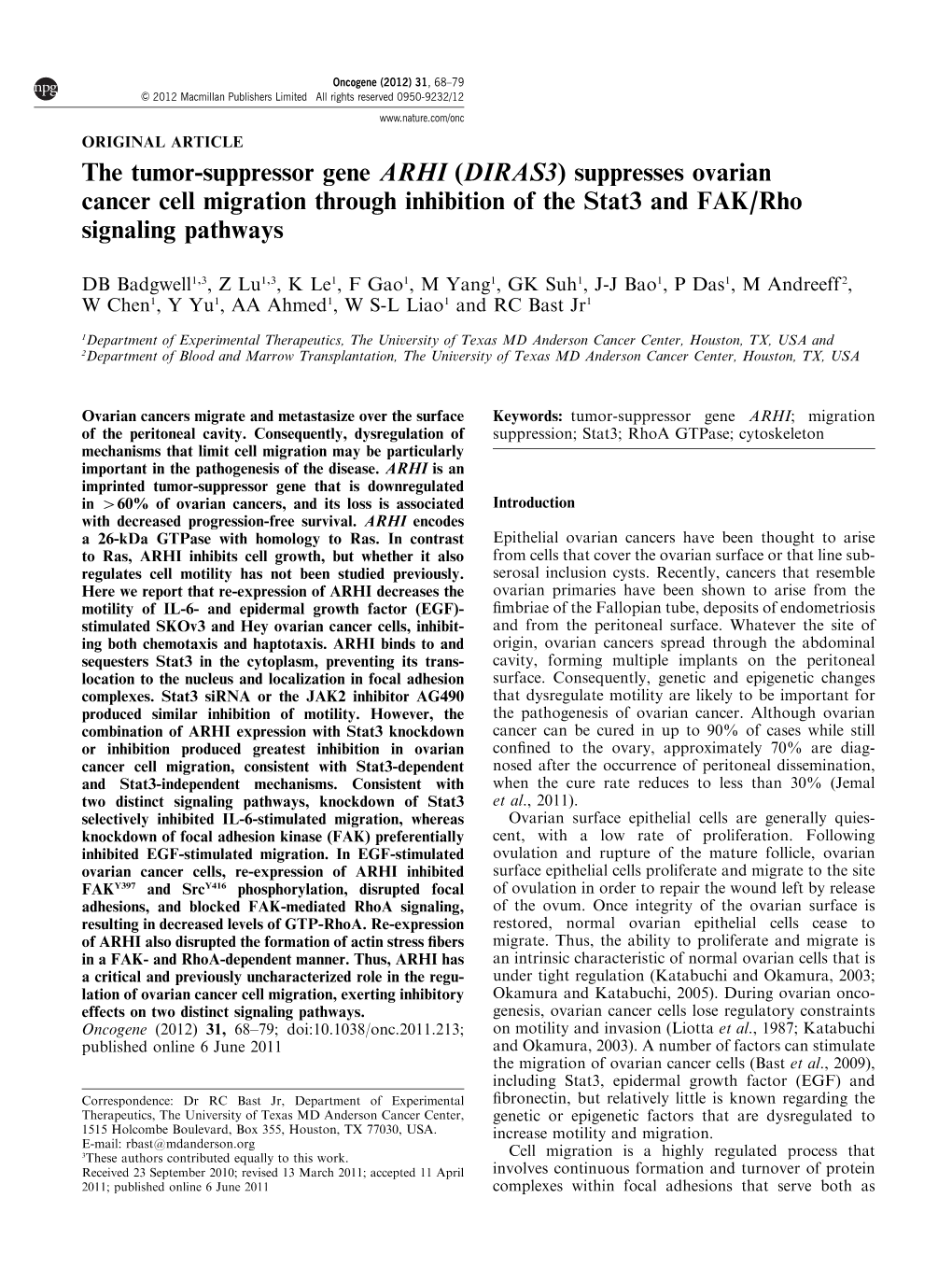 The Tumor-Suppressor Gene ARHI (DIRAS3) Suppresses Ovarian Cancer Cell Migration Through Inhibition of the Stat3 and FAK/Rho Signaling Pathways