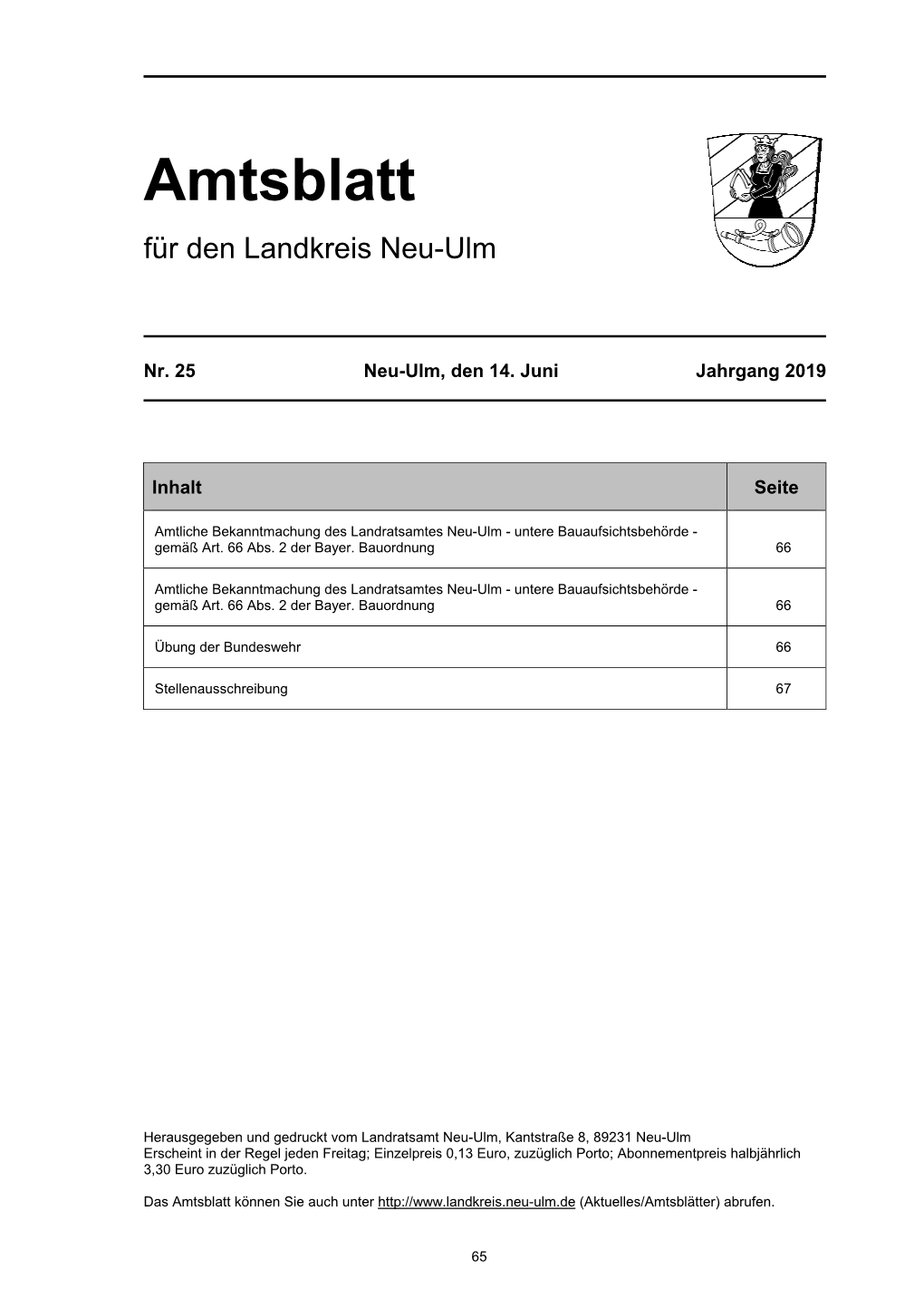 Amtsblatt Nr. 25 Vom 14. Juni 2019