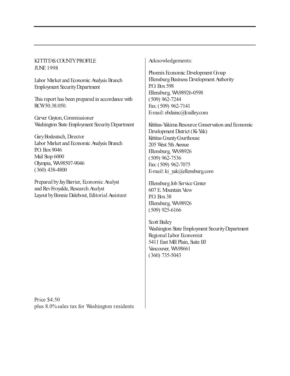KITTITAS COUNTY PROFILE JUNE 1998 Labor Market and Economic