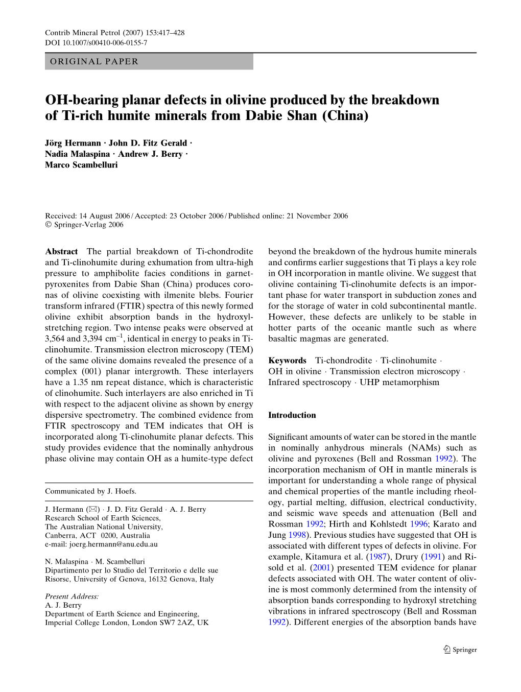 OH-Bearing Planar Defects in Olivine Produced by the Breakdown of Ti-Rich Humite Minerals from Dabie Shan (China)