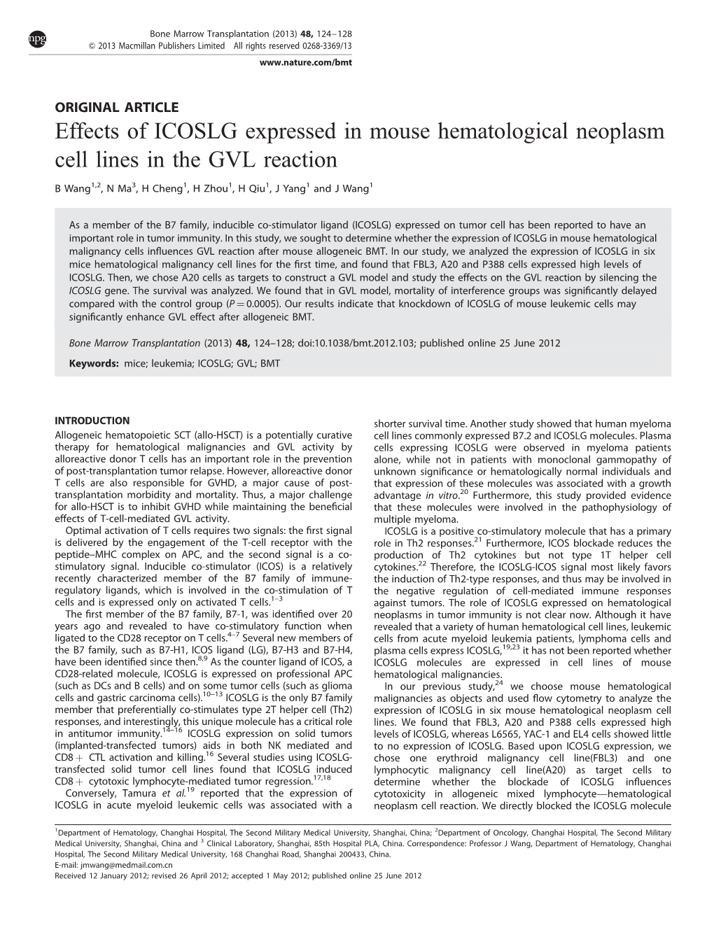 Effects of ICOSLG Expressed in Mouse Hematological Neoplasm Cell Lines in the GVL Reaction