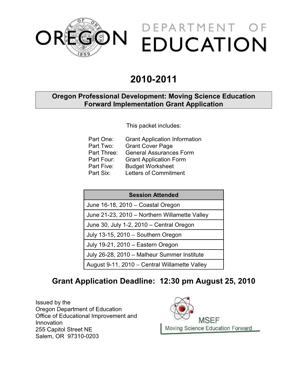 Oregon Professional Development: Moving Science Education Forward Implementation Grant