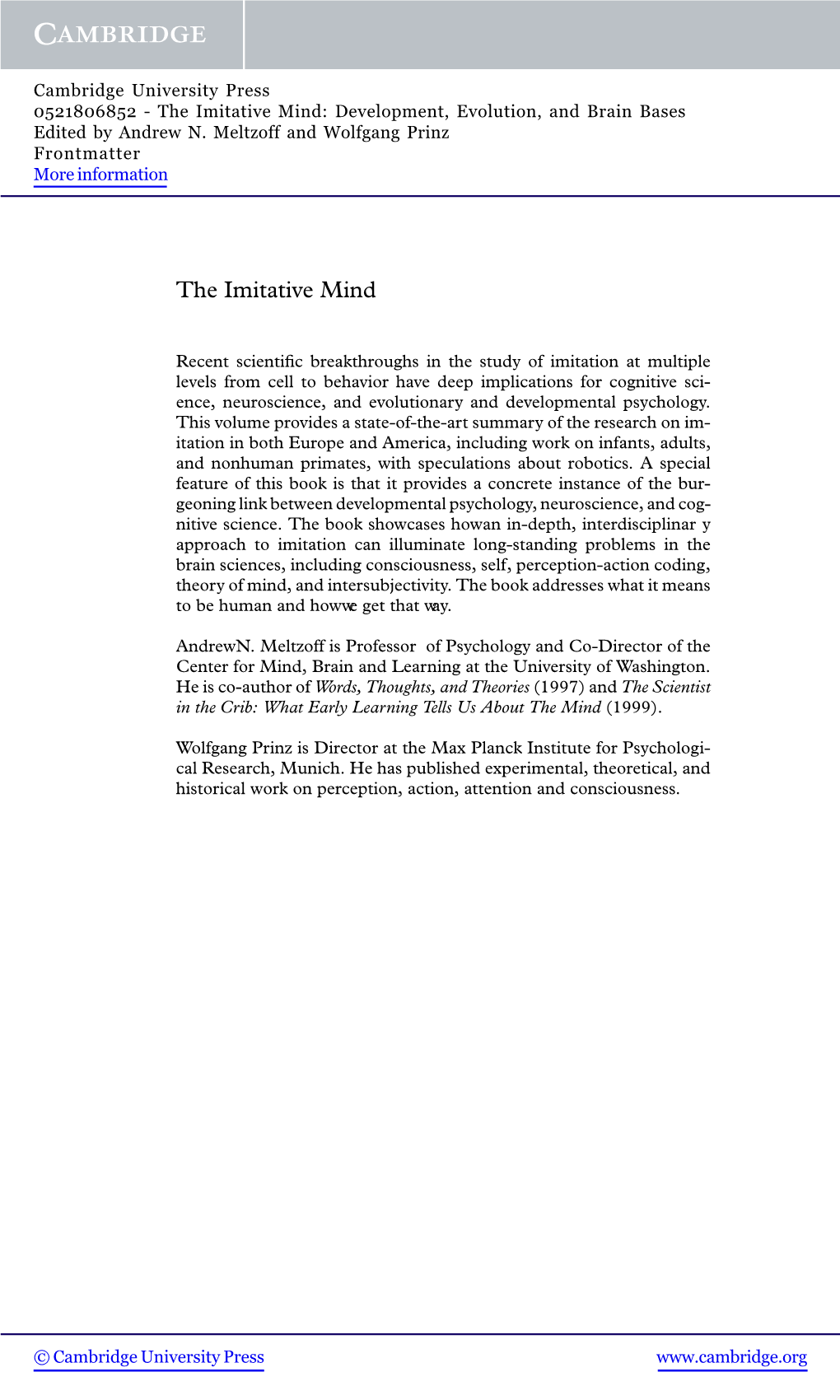 The Imitative Mind: Development, Evolution, and Brain Bases Edited by Andrew N