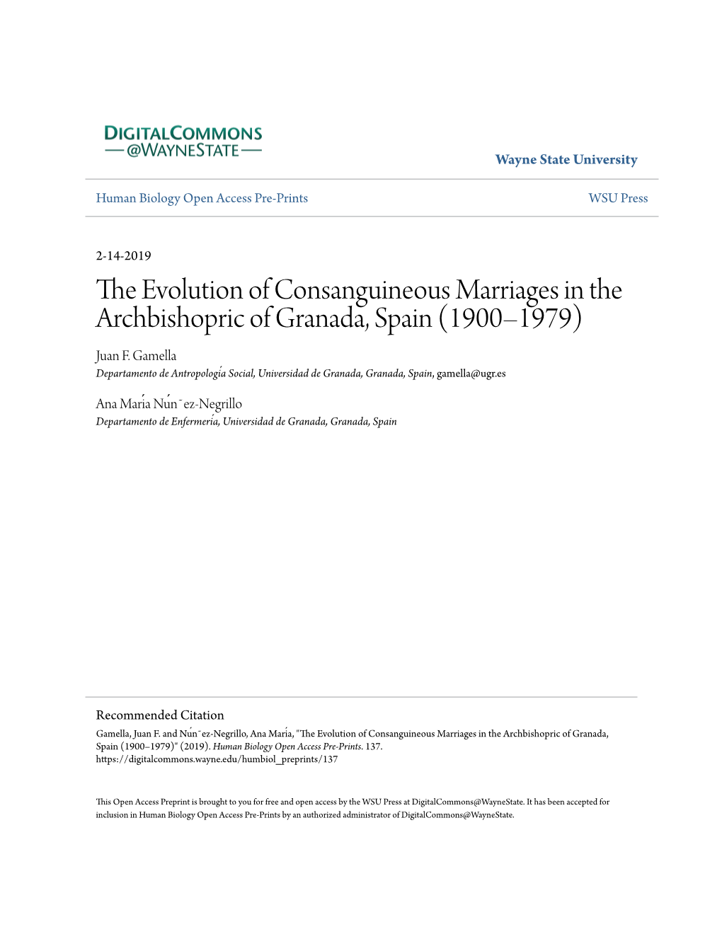 The Evolution of Consanguineous Marriages in the Archbishopric of Granada, Spain (1900–1979)