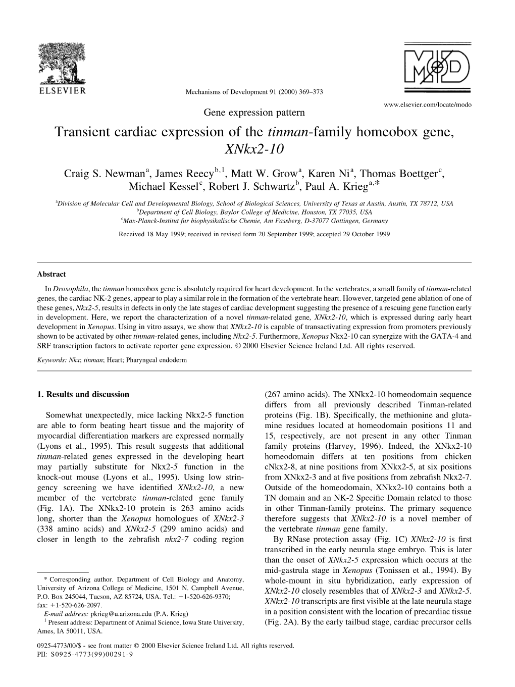 Transient Cardiac Expression of the Tinman-Family Homeobox Gene, Xnkx2-10