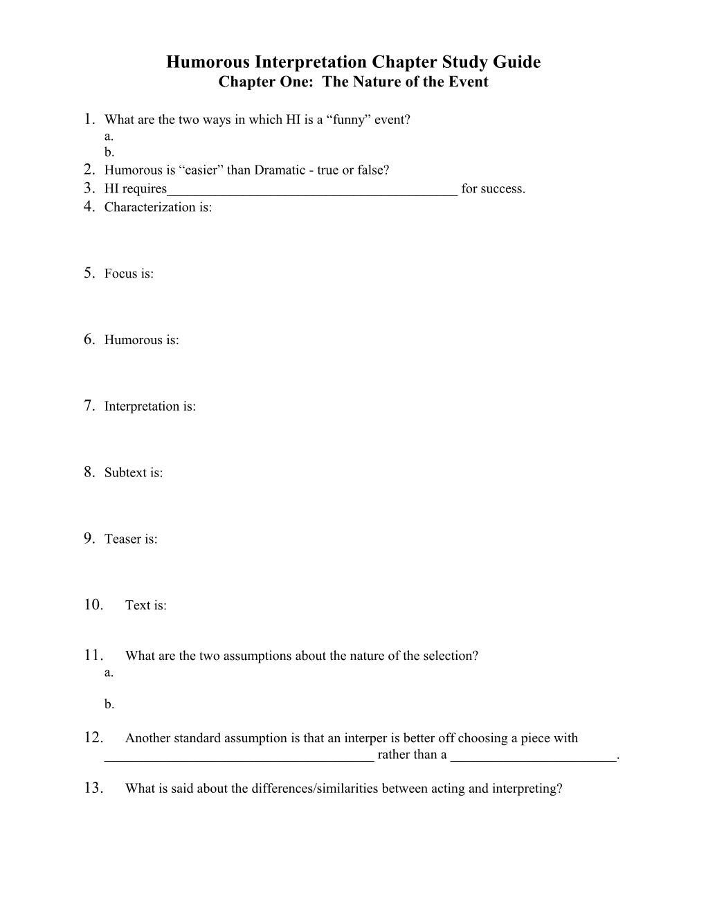 Humorous Interpretation Chapter Study Guide