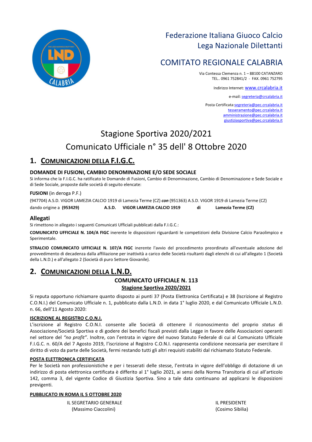 Comunicato Ufficiale N° 35 Dell' 8 Ottobre 2020 1