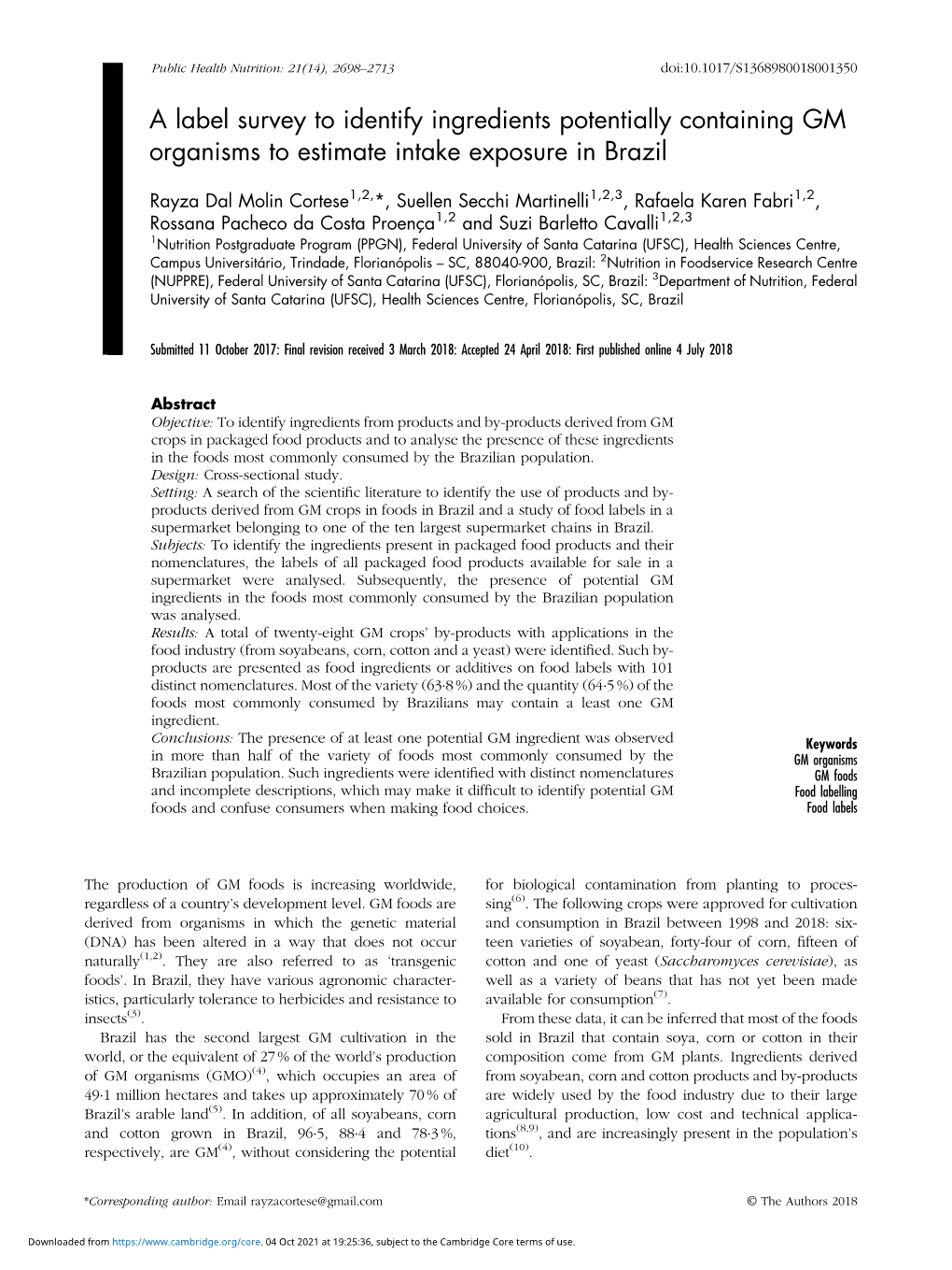 A Label Survey to Identify Ingredients Potentially Containing GM Organisms to Estimate Intake Exposure in Brazil