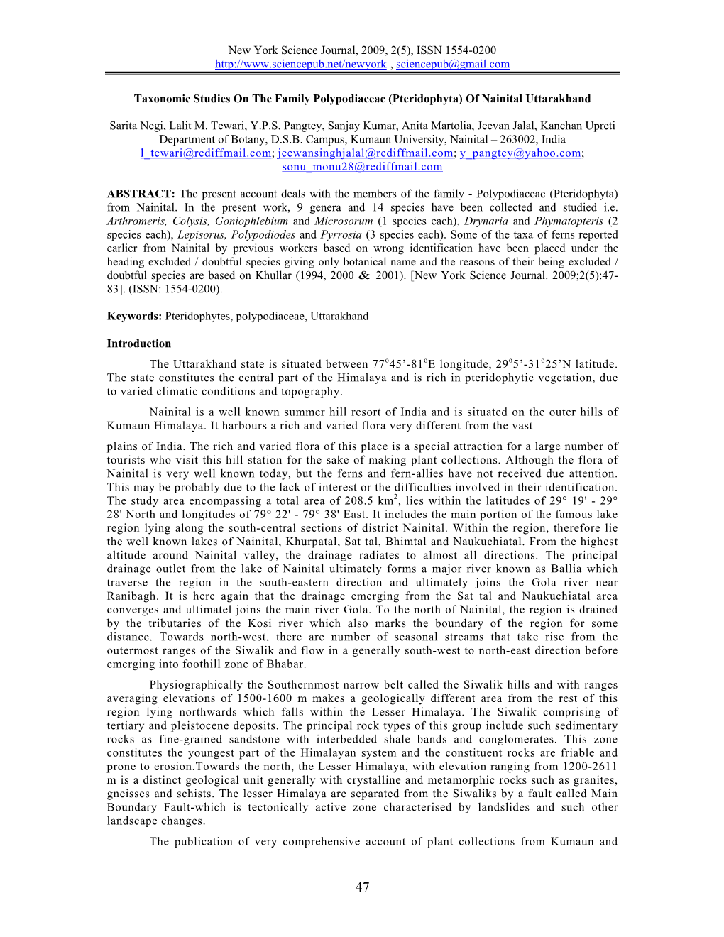 Taxonomic Studies on the Family Polypodiaceae (Pteridophyta) of Nainital Uttarakhand