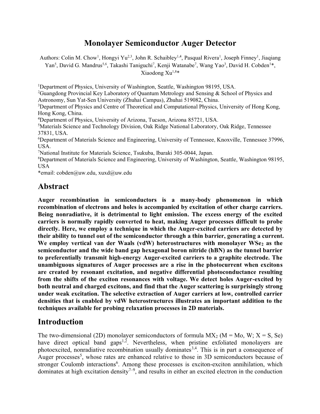 Monolayer Semiconductor Auger Detector Abstract Introduction