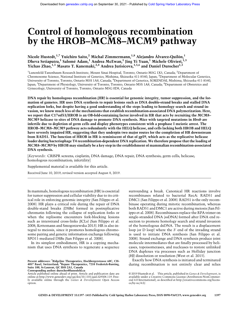 Control of Homologous Recombination by the HROB–MCM8–MCM9 Pathway