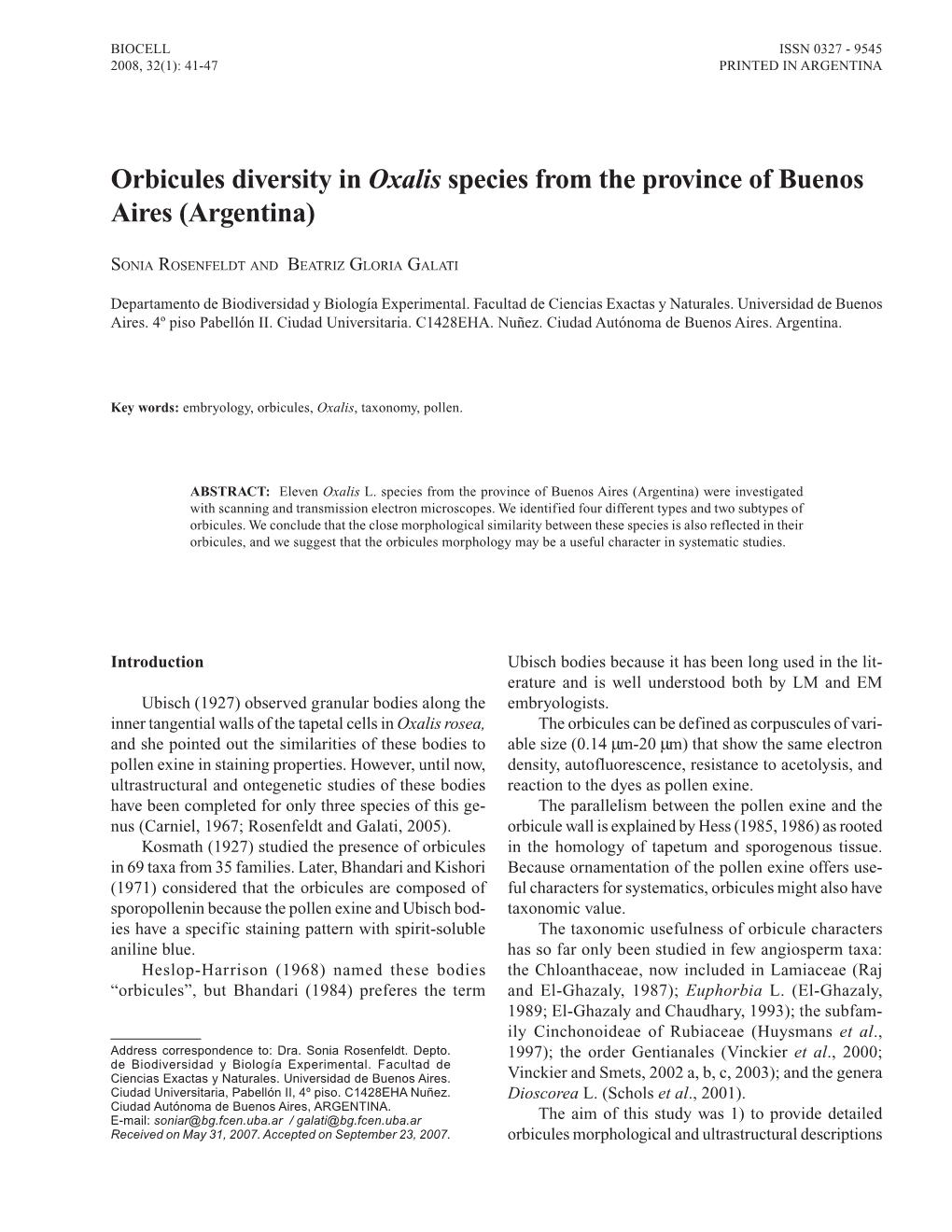 Orbicules Diversity in Oxalis Species from the Province of Buenos Aires (Argentina)