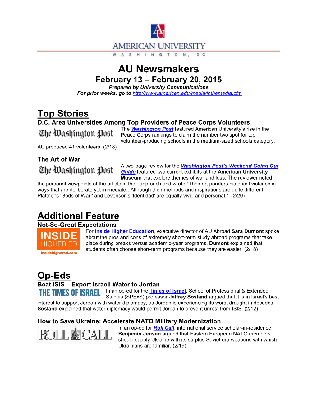 AU Newsmakers February 13 – February 20, 2015 Prepared by University Communications for Prior Weeks, Go To
