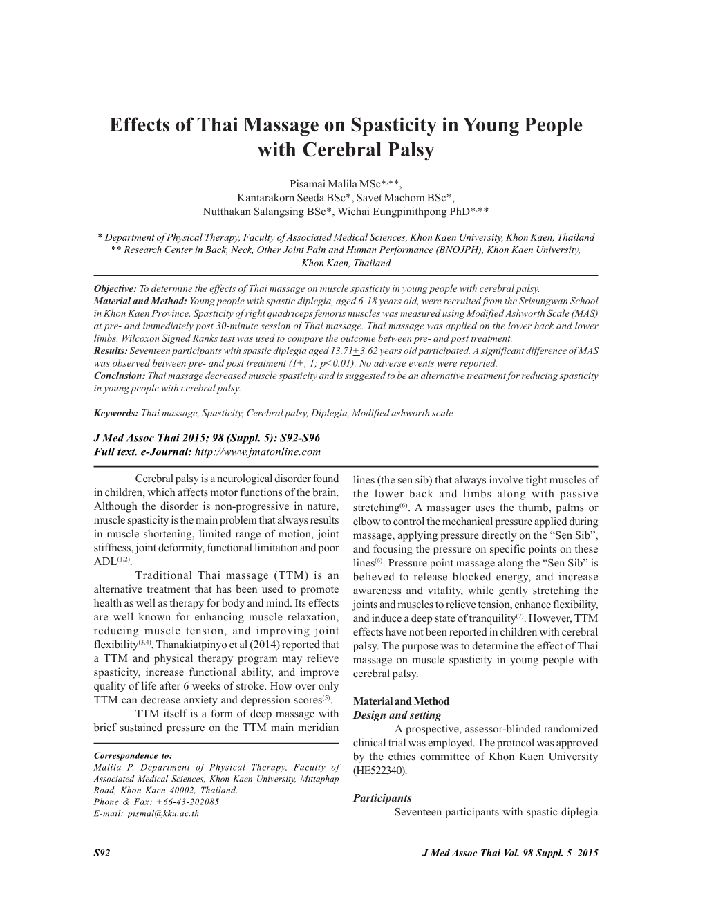 Effects of Thai Massage on Spasticity in Young People with Cerebral Palsy