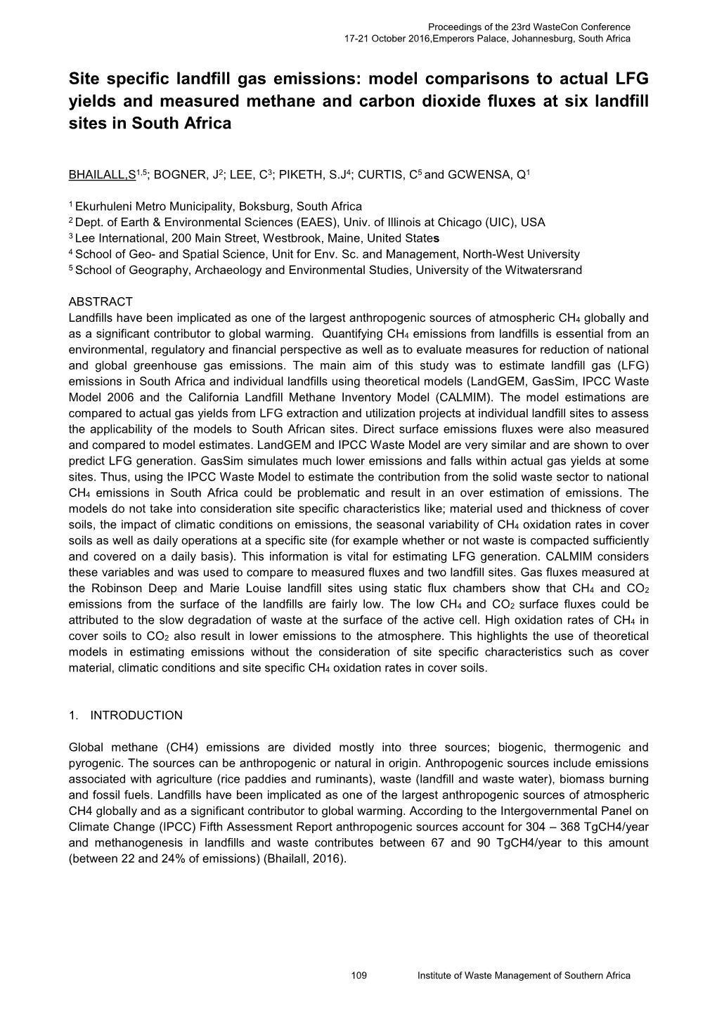 Site Specific Landfill Gas Emissions: Model Comparisons to Actual LFG Yields and Measured Methane and Carbon Dioxide Fluxes at Six Landfill Sites in South Africa