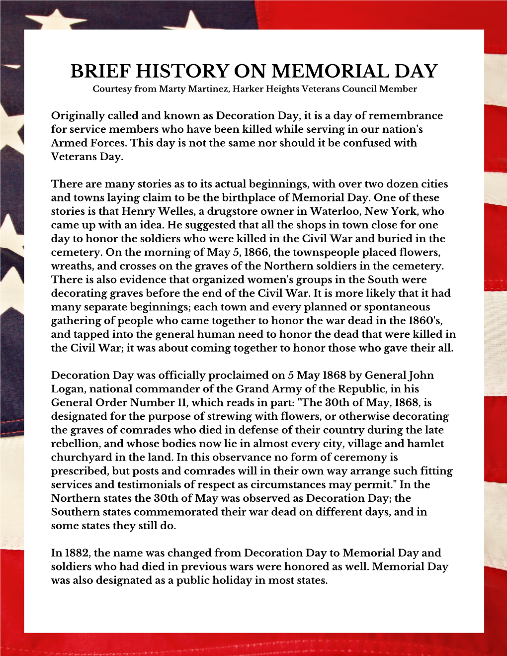 BRIEF HISTORY on MEMORIAL DAY Originally Called and Known As