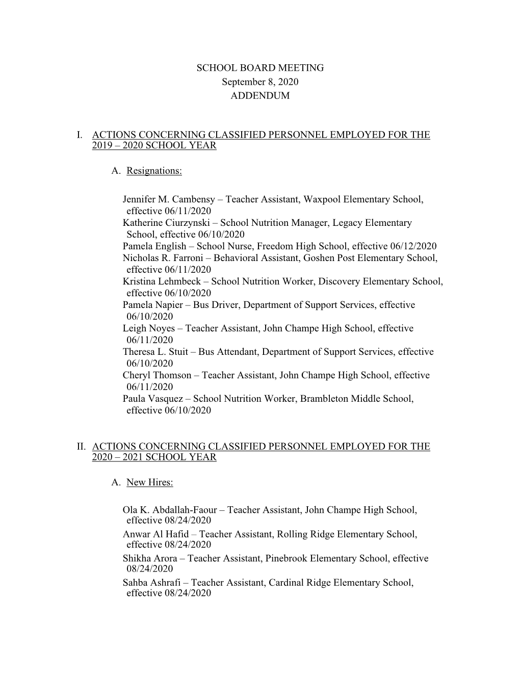 SCHOOL BOARD MEETING September 8, 2020 ADDENDUM