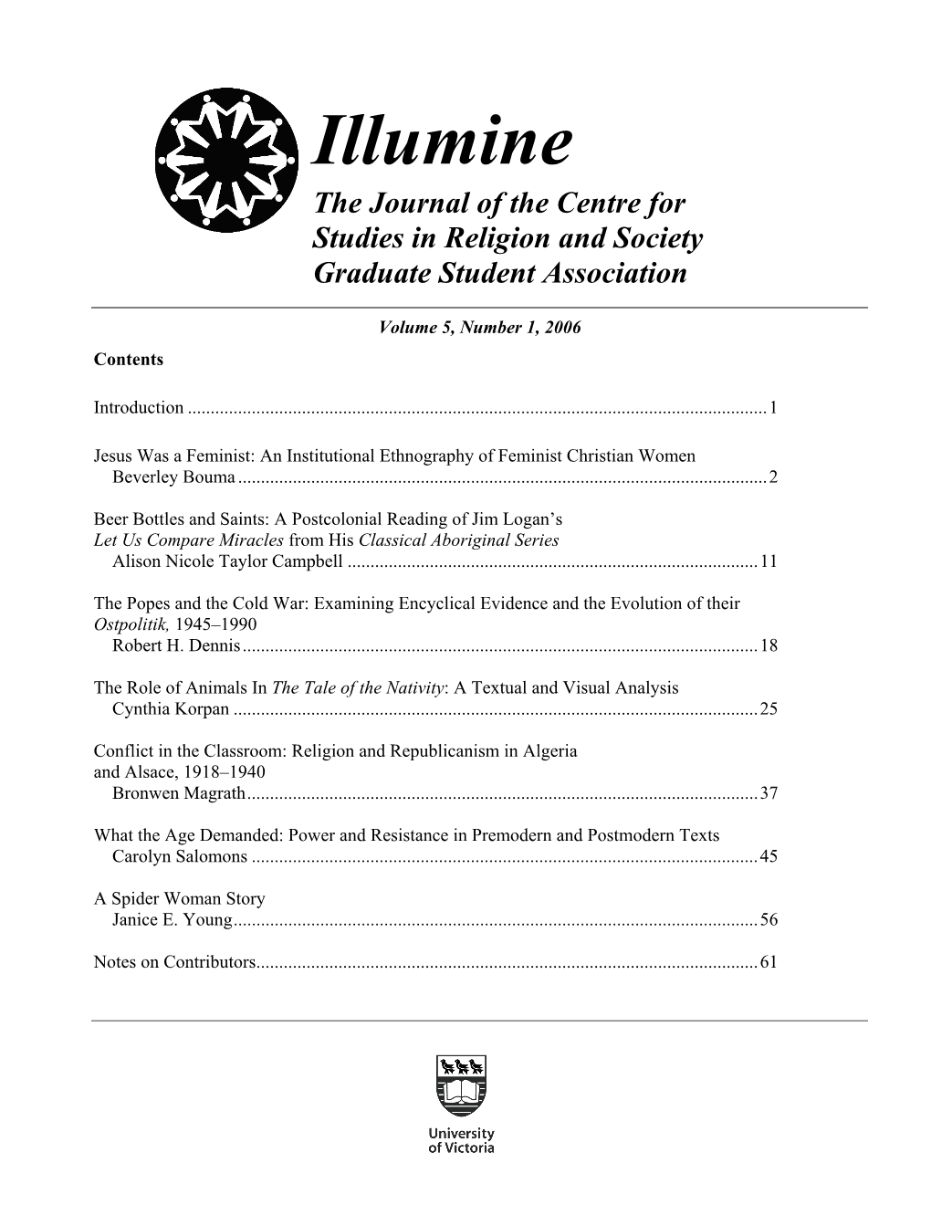 Illumine the Journal of the Centre for Studies in Religion and Society Graduate Student Association