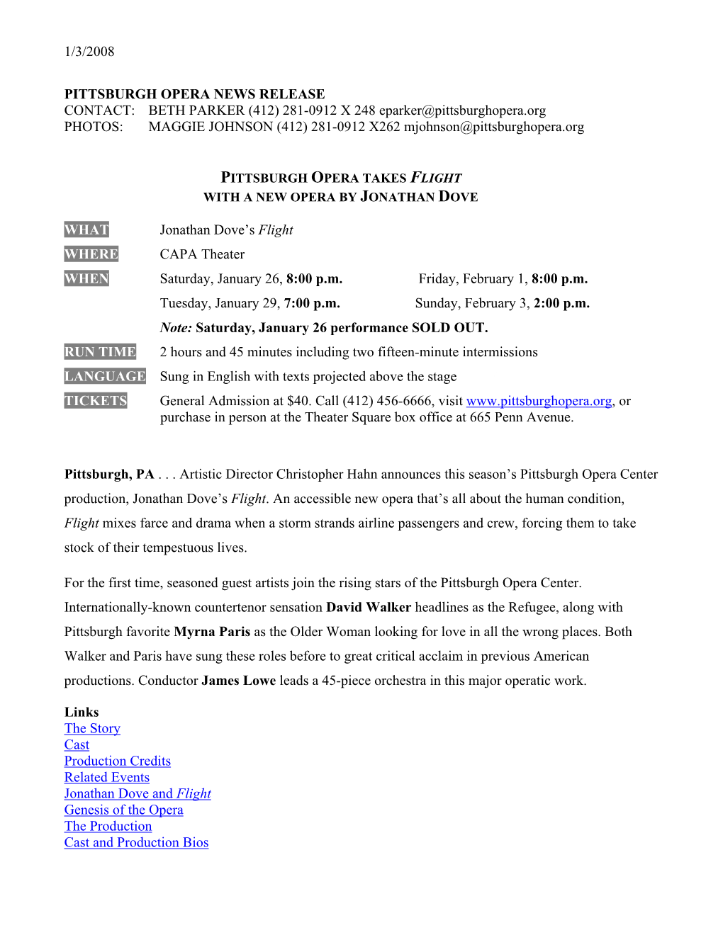 Pittsburgh OPERA NEWS RELEASE