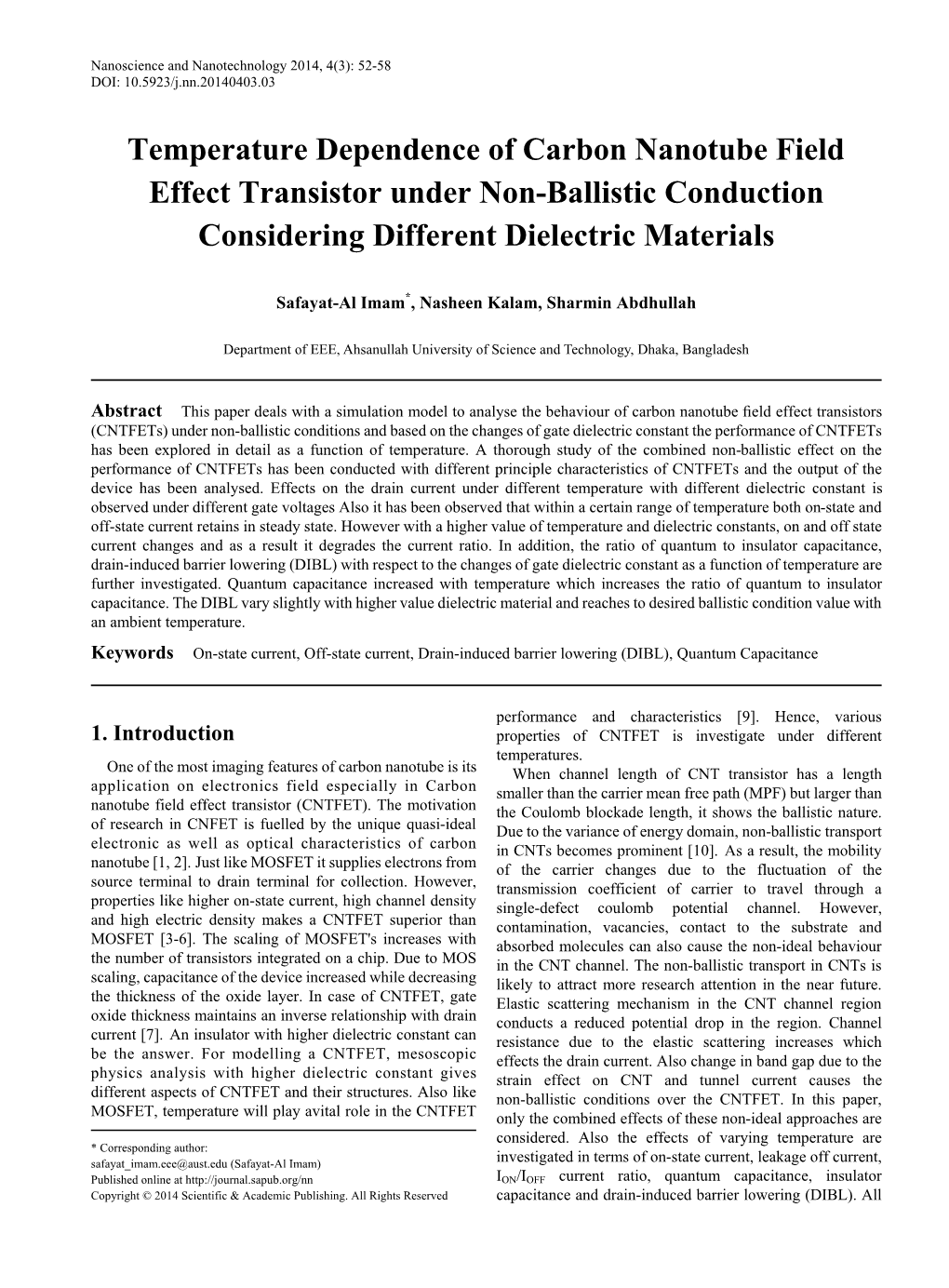 Temperature Dependence of Carbon Nanotube Field Effect Transistor Under Non-Ballistic Conduction Considering Different Dielectric Materials