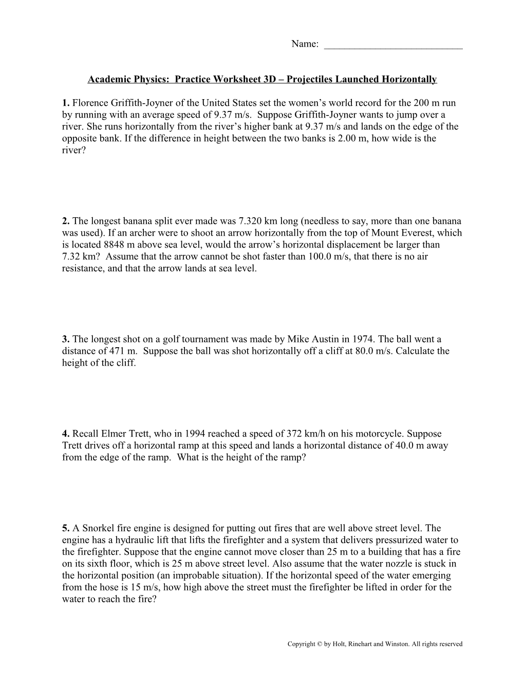 Academic Physics: Practice Worksheet 3D Projectiles Launched Horizontally